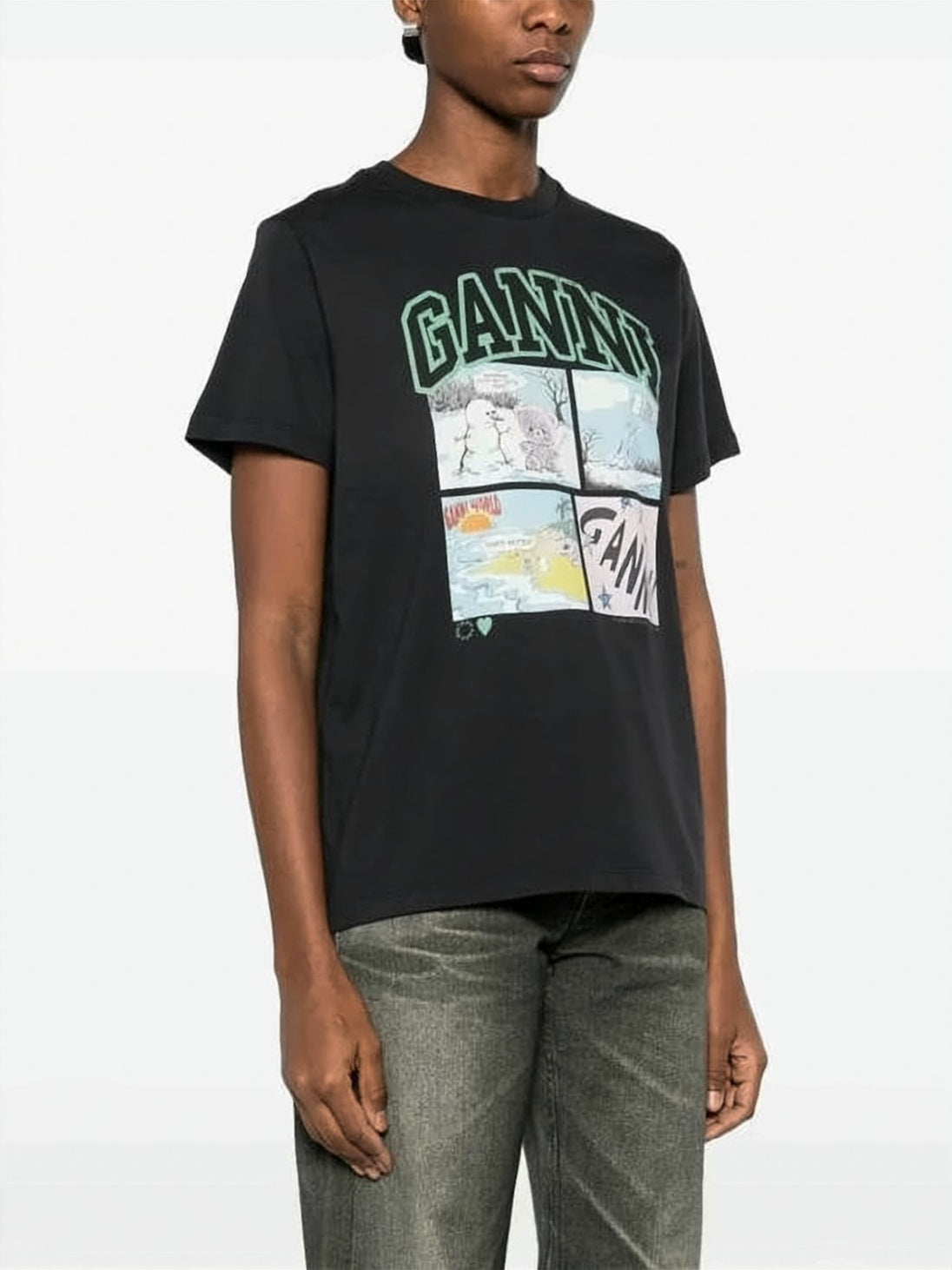 Comic-Style Graphic Black Cotton Jersey T-Shirt