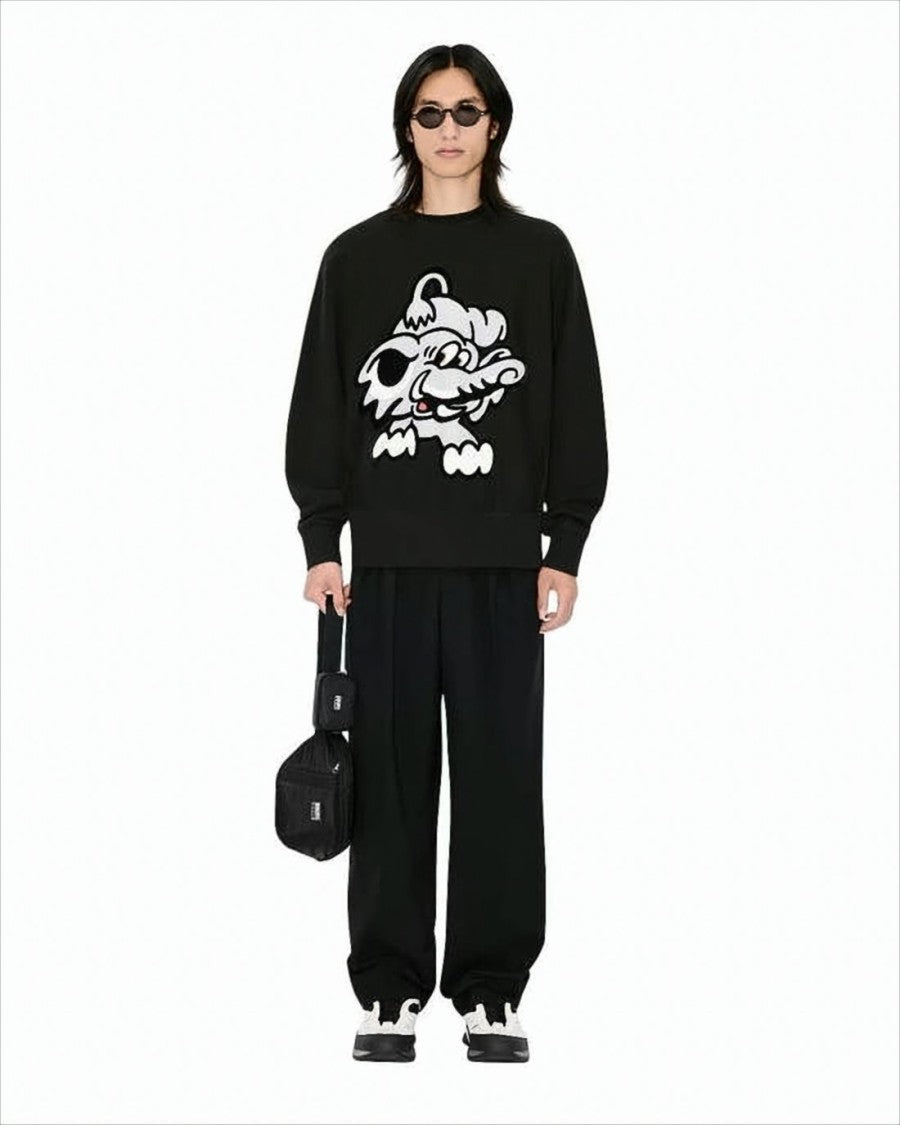 Long-Sleeve Black Cotton T-Shirt with Playful Graphic