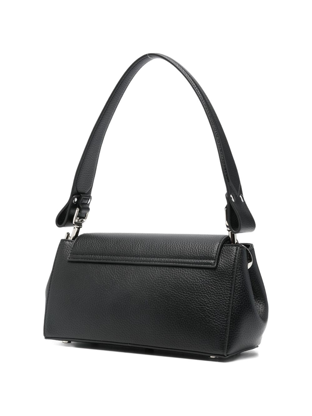 Structured Black Handbag With Pebbled Texture And Silver Chain Strap