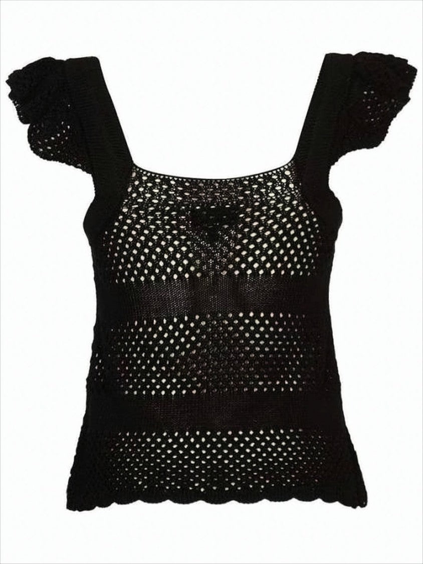 Delicate Open-Knit Sleeveless Top with Ruffled Detail