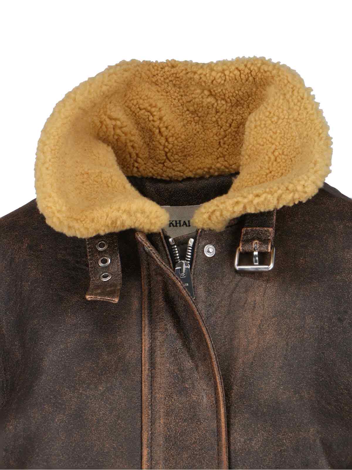 Distressed Brown Leather Jacket with Shearling Collar