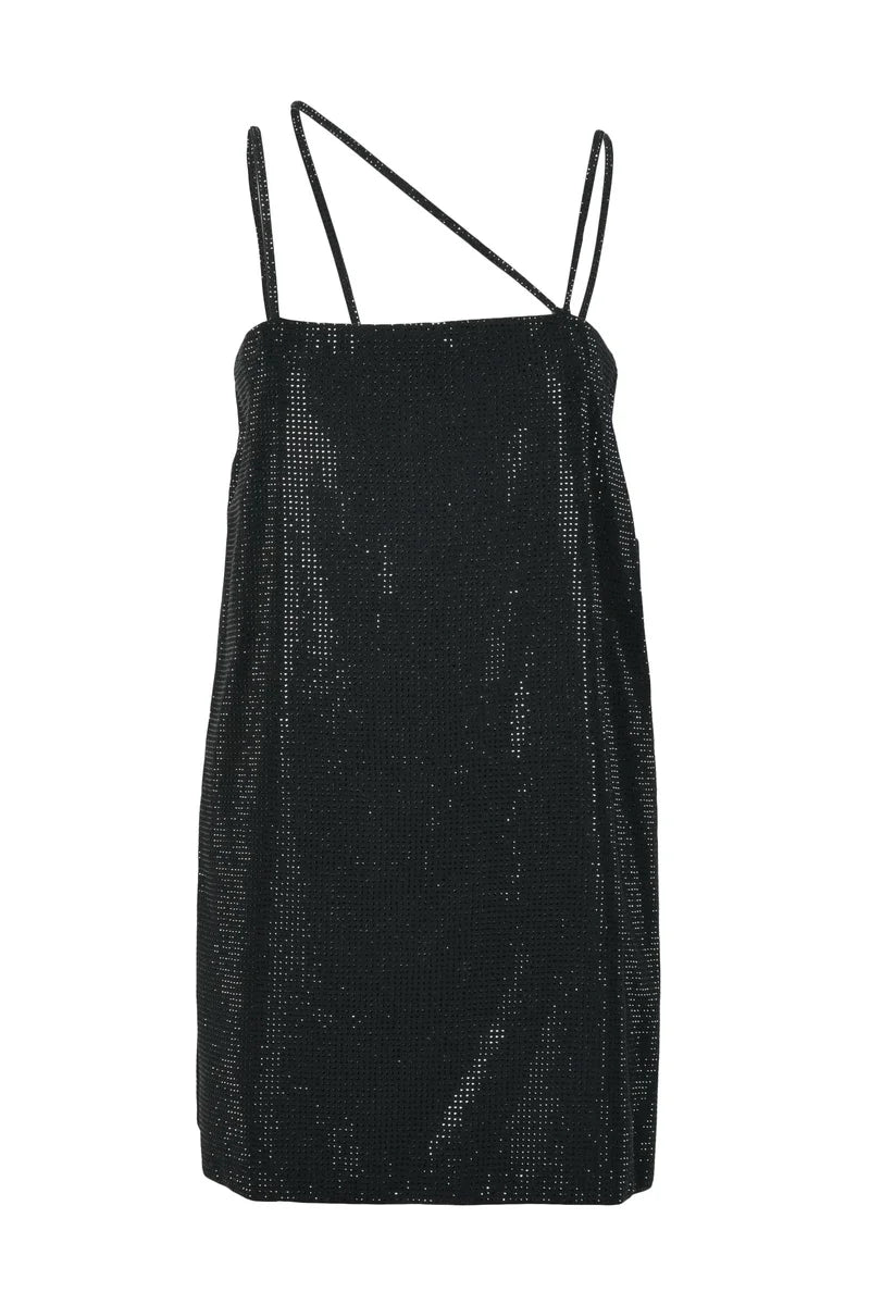 Short Dress Rhinestones Slit - Black