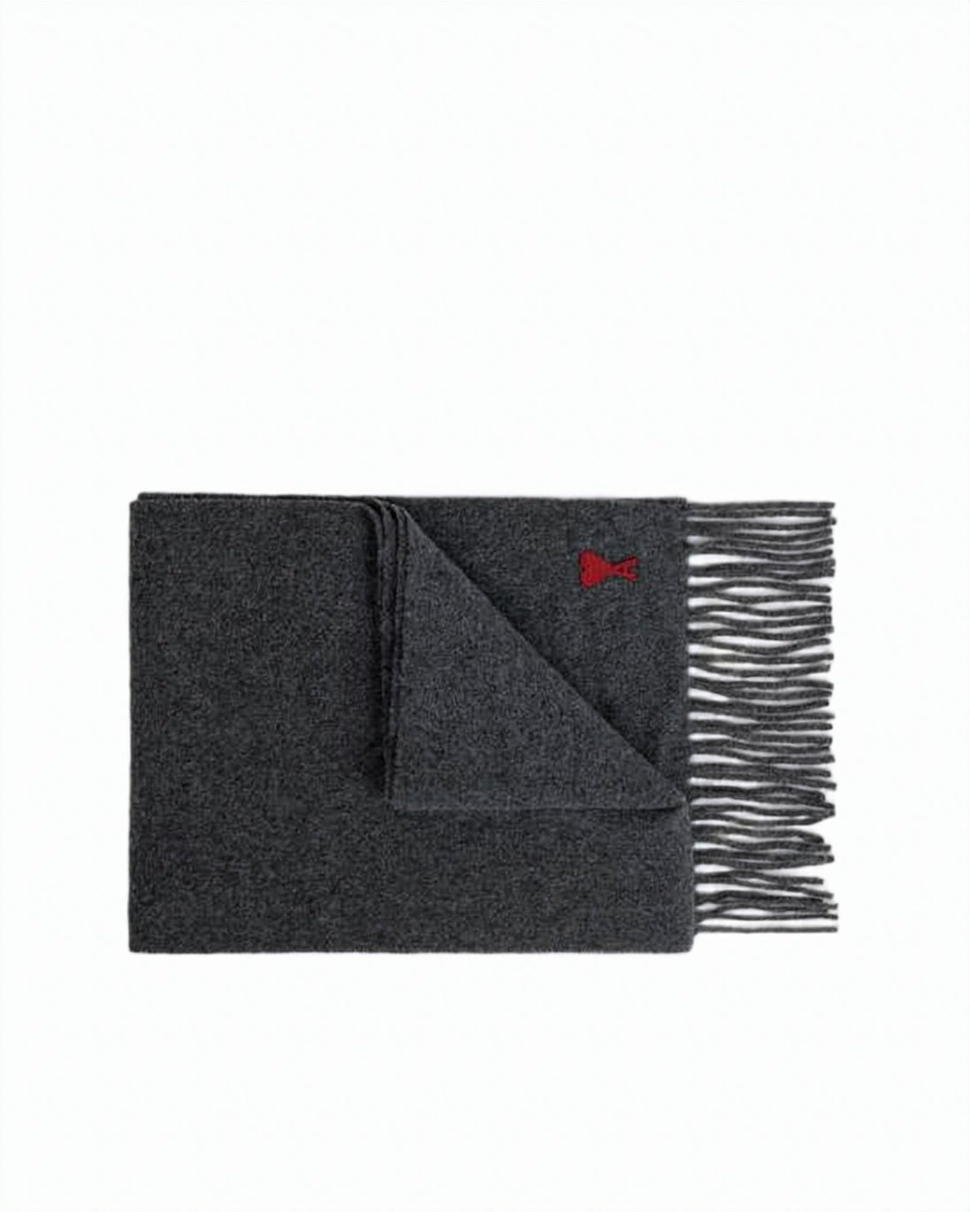 Textured Dark Grey Wool Scarf With Embroidered Logo