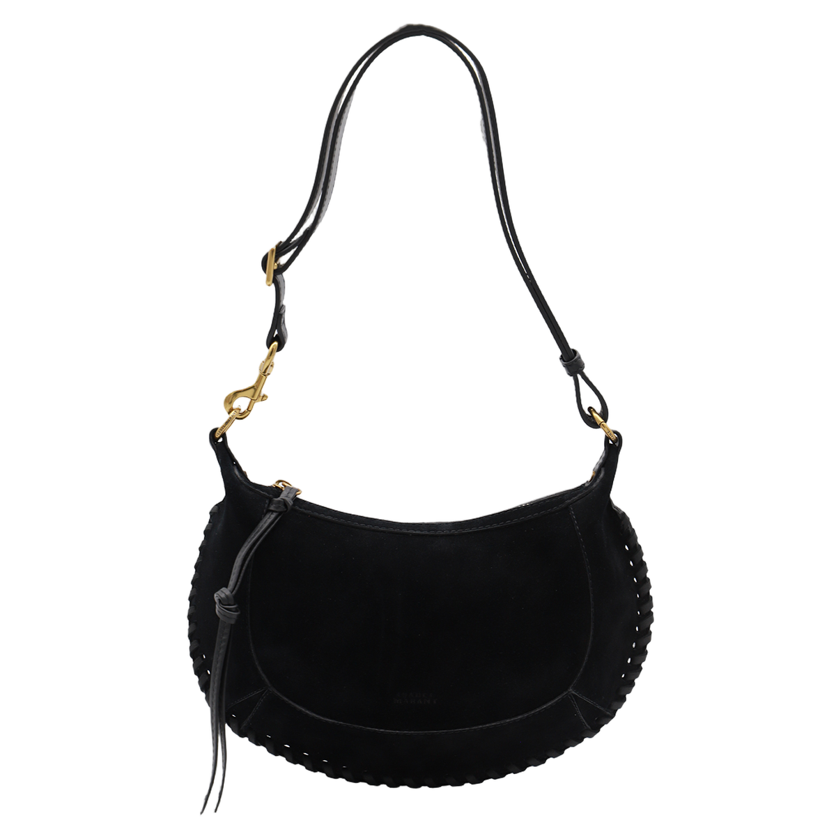 Crescent-Shaped Black Suede Bag with Gold-tone Hardware