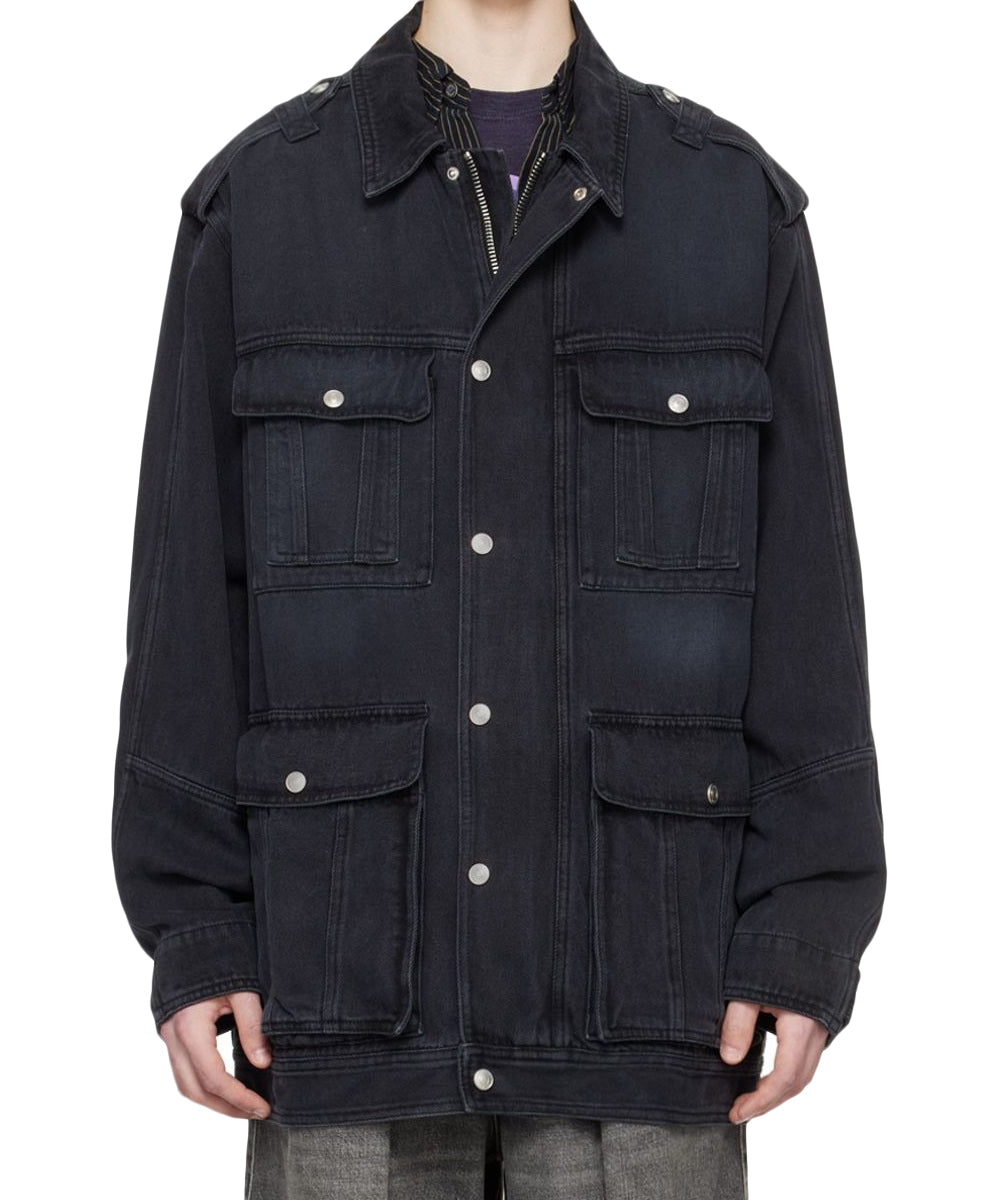 Oversized Black Denim Jacket with Classic Collar