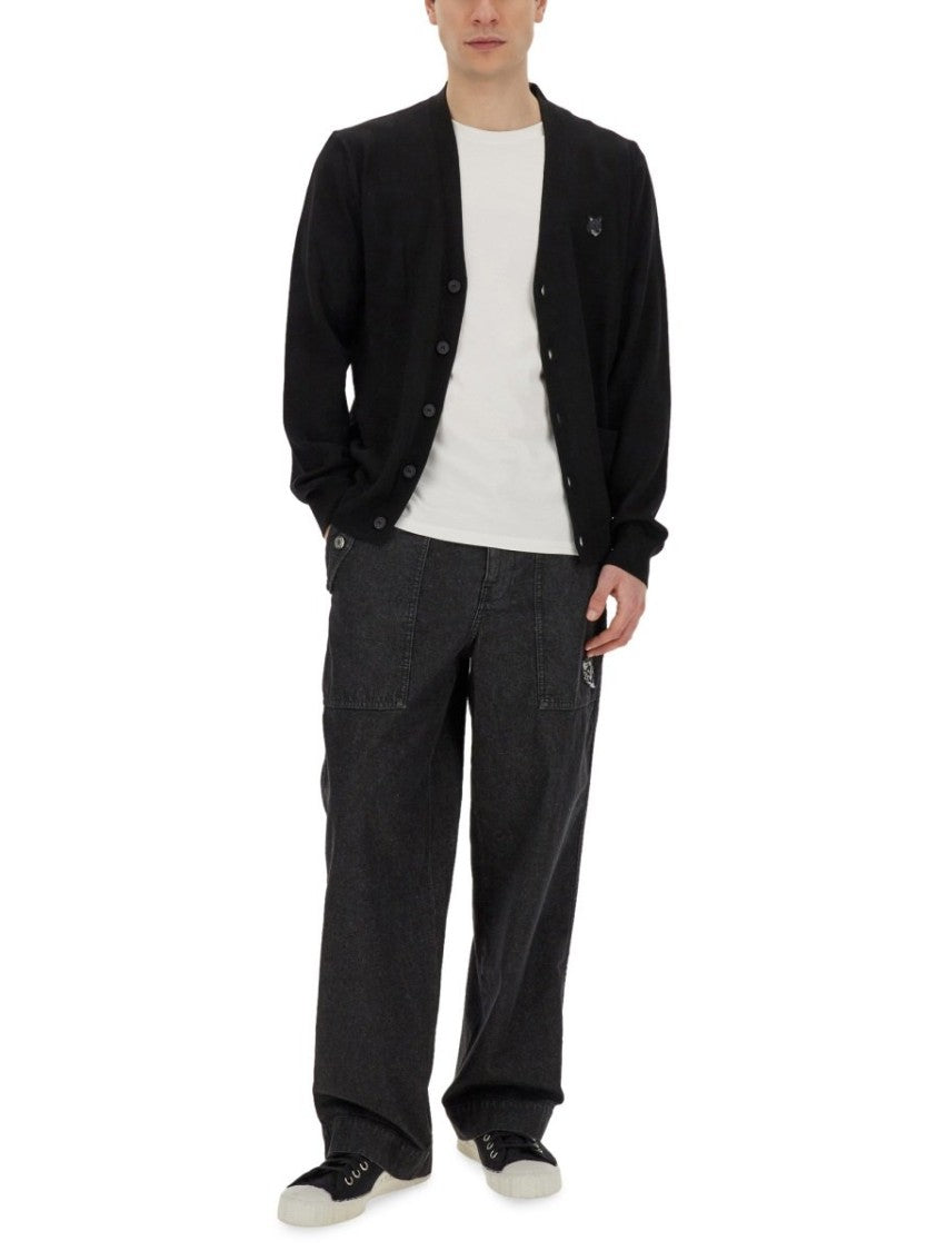 Black Wool Cardigan With V-Neckline And Embroidered Fox Emblem