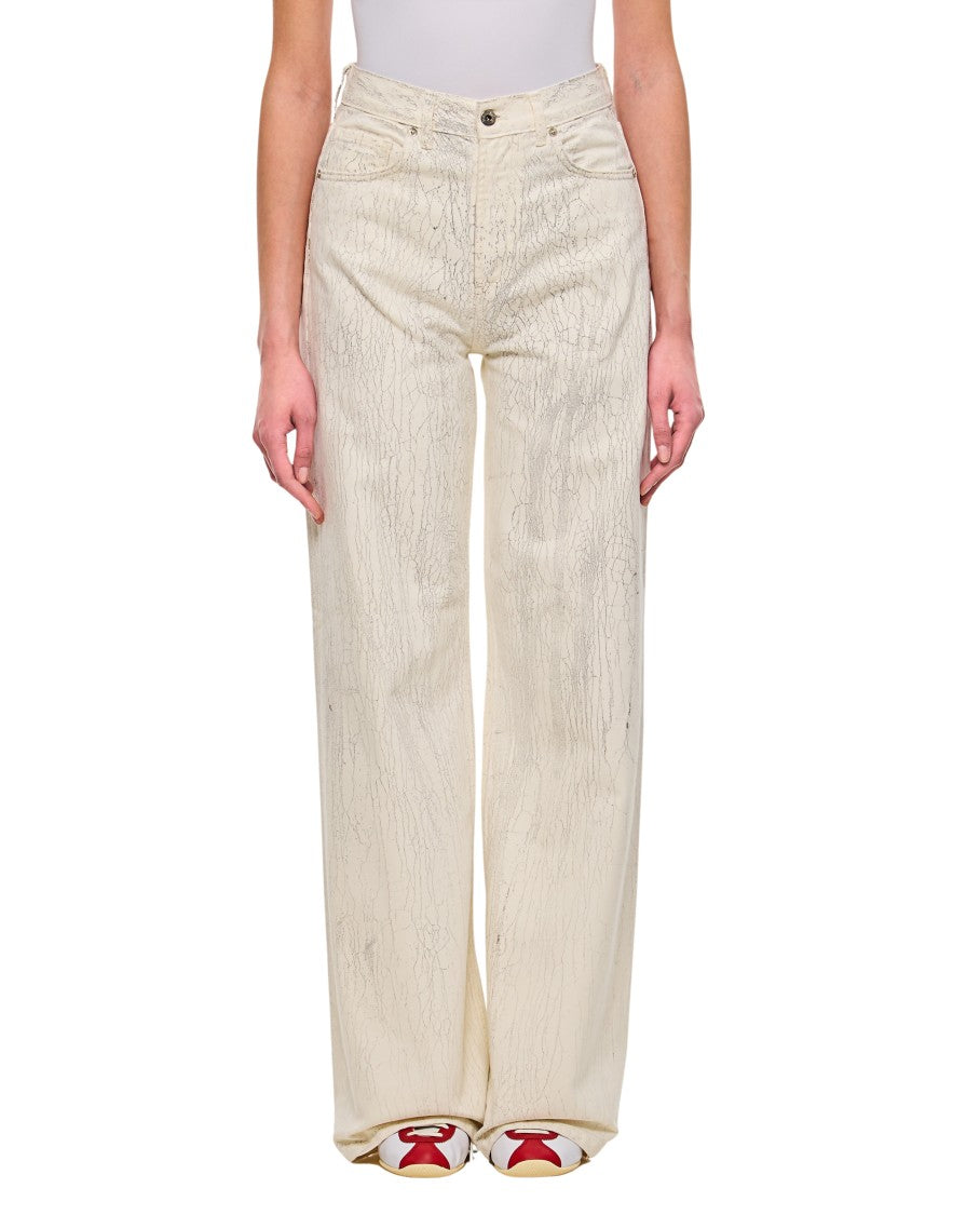 Beige Crepe Pattern Wide Leg Jeans