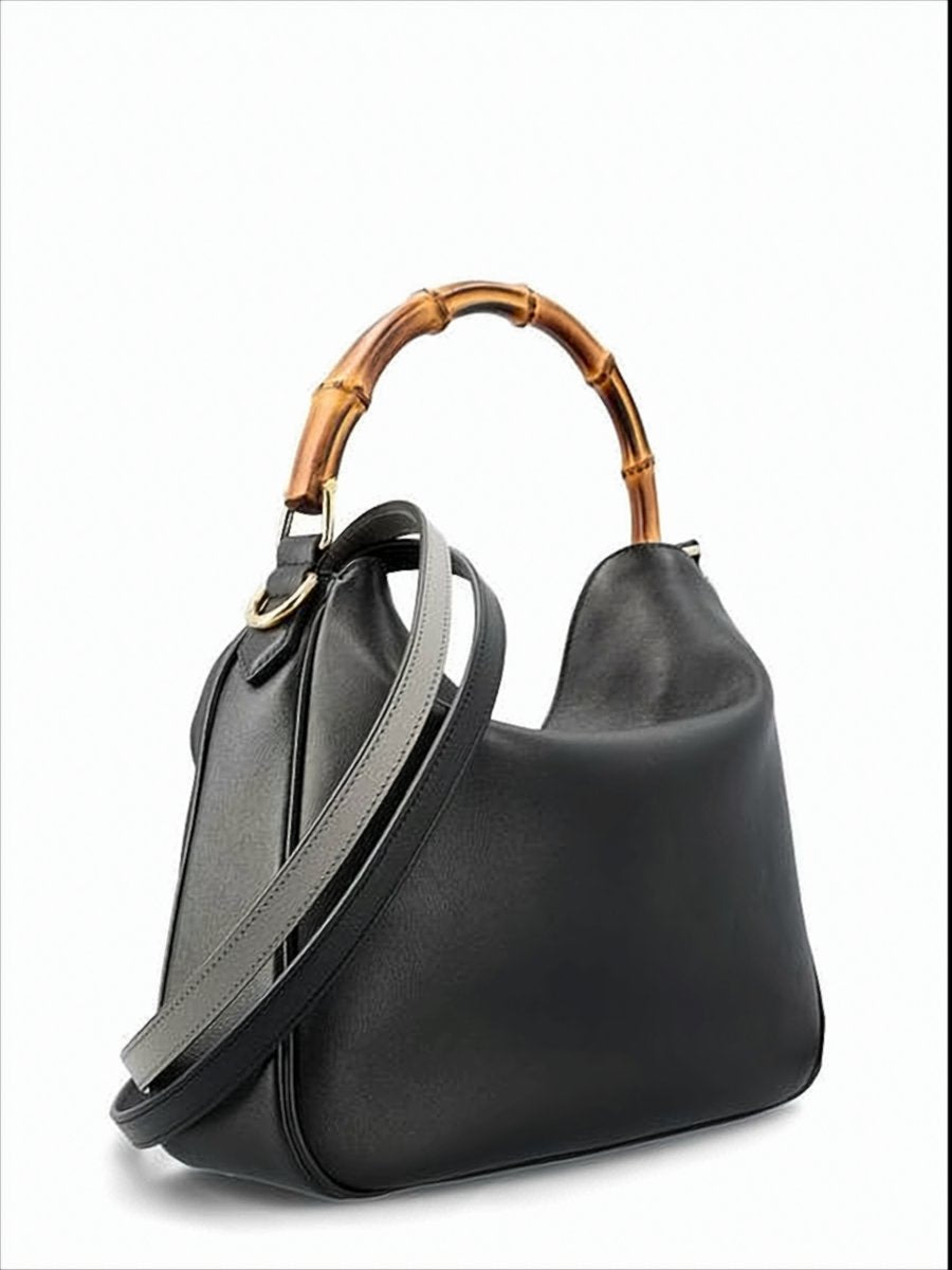 Leather Shoulder Bag with Bamboo Handle