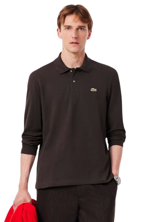 Brown Long Sleeves Polo with Mother-of-Pearl Button Placket