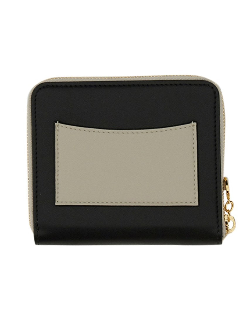 Zipped Wallet With Circular Logo And Gold Hardware