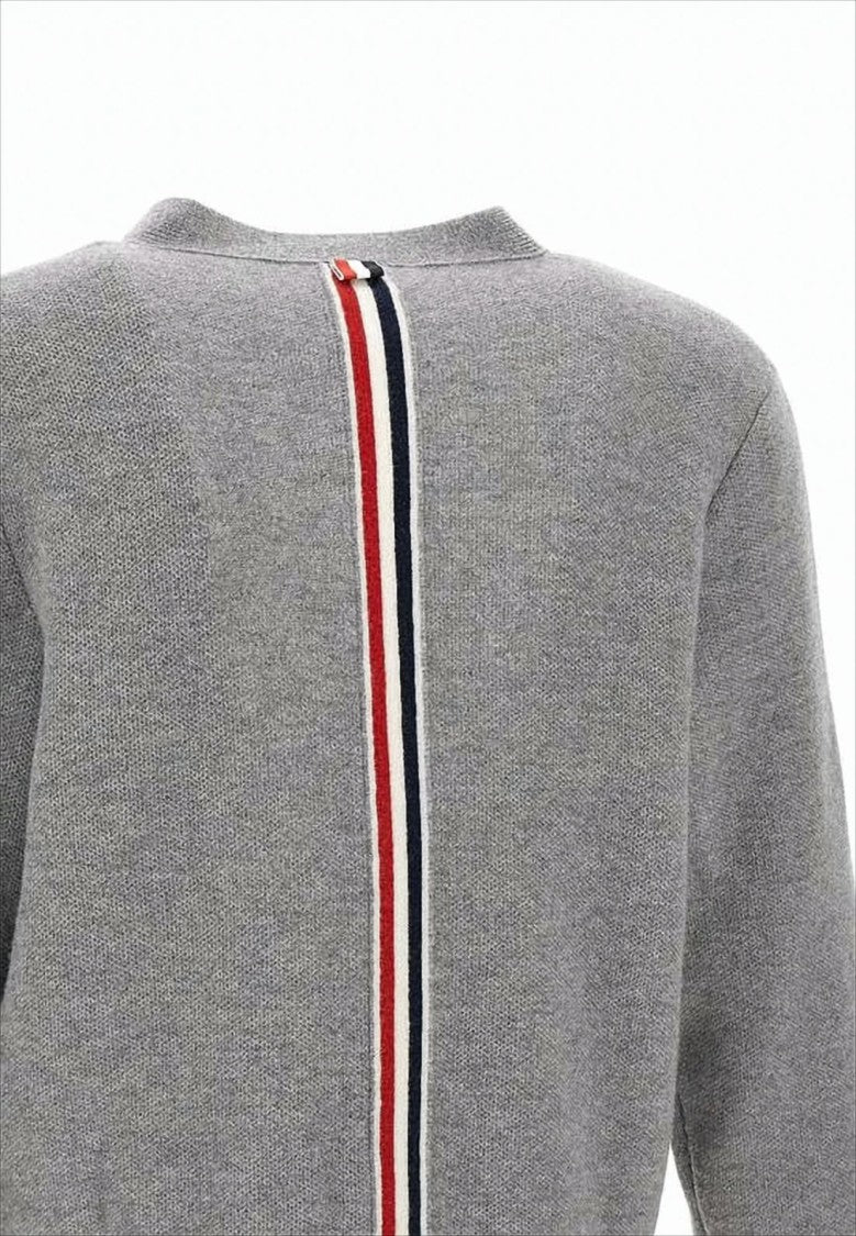 V-Neck Grey Wool Cardigan with Distinctive Stripe Detail