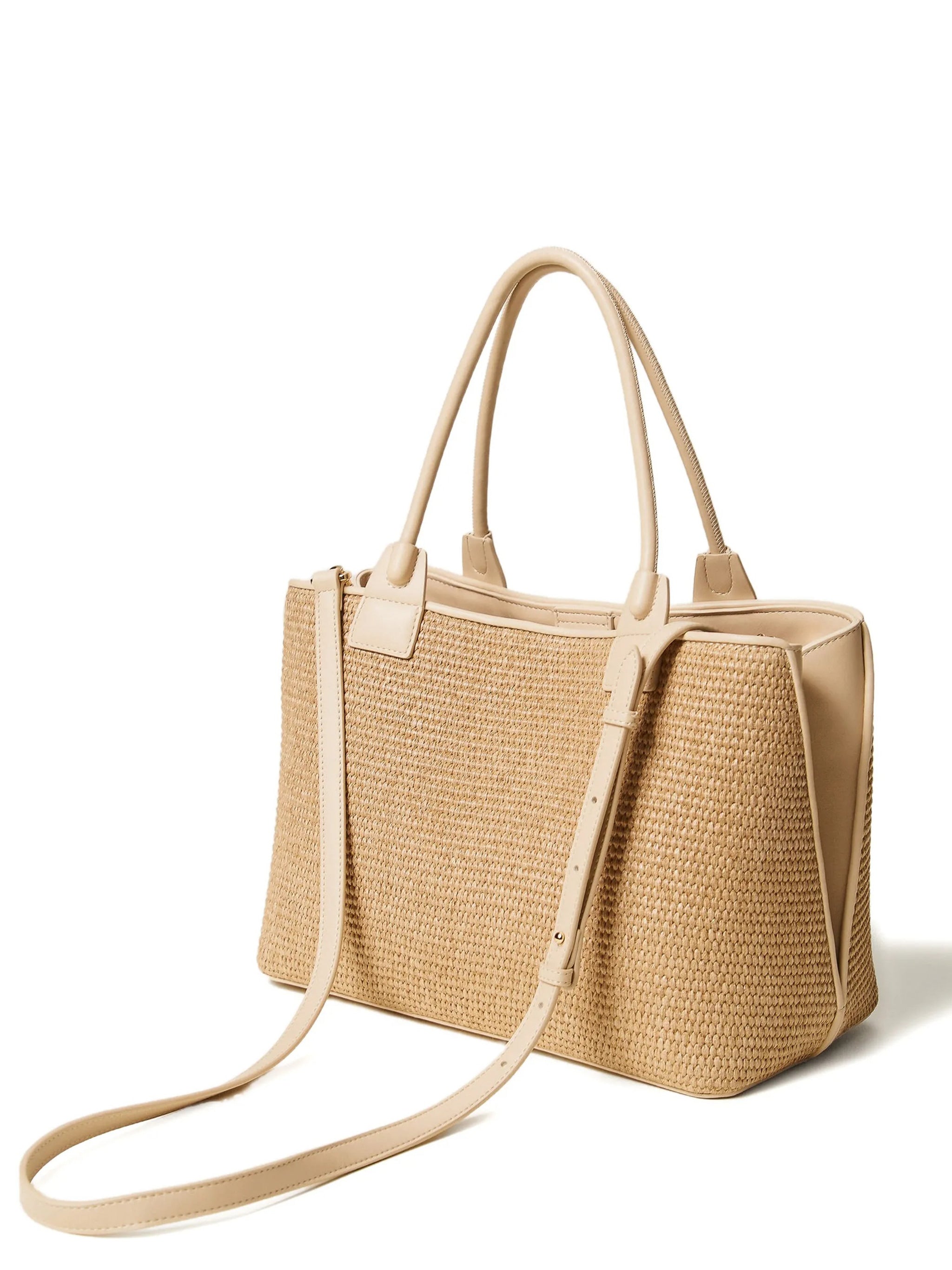 Beige Rectangular Woven Tote