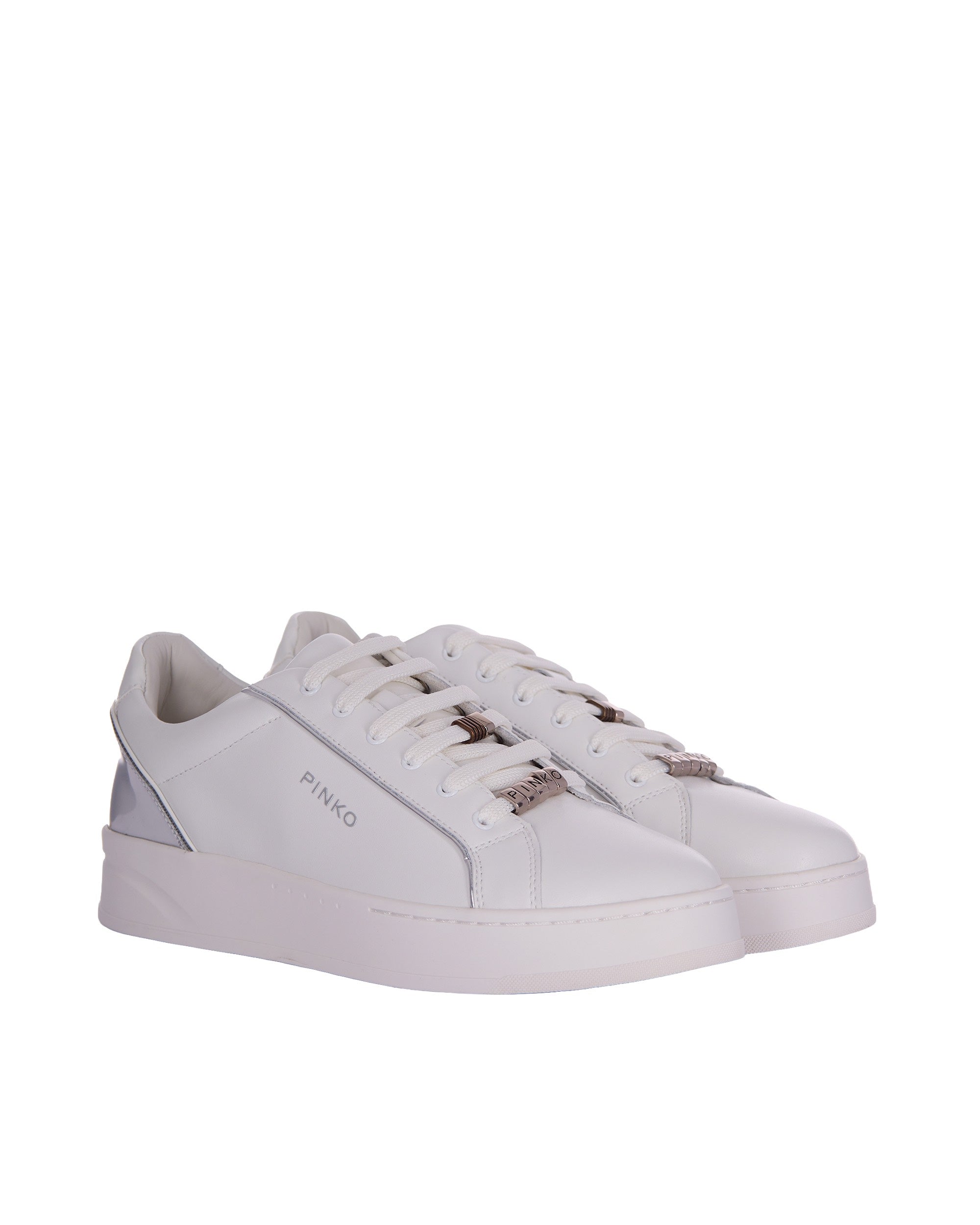 Low-top White Sneakers with Metallic Silver Accents