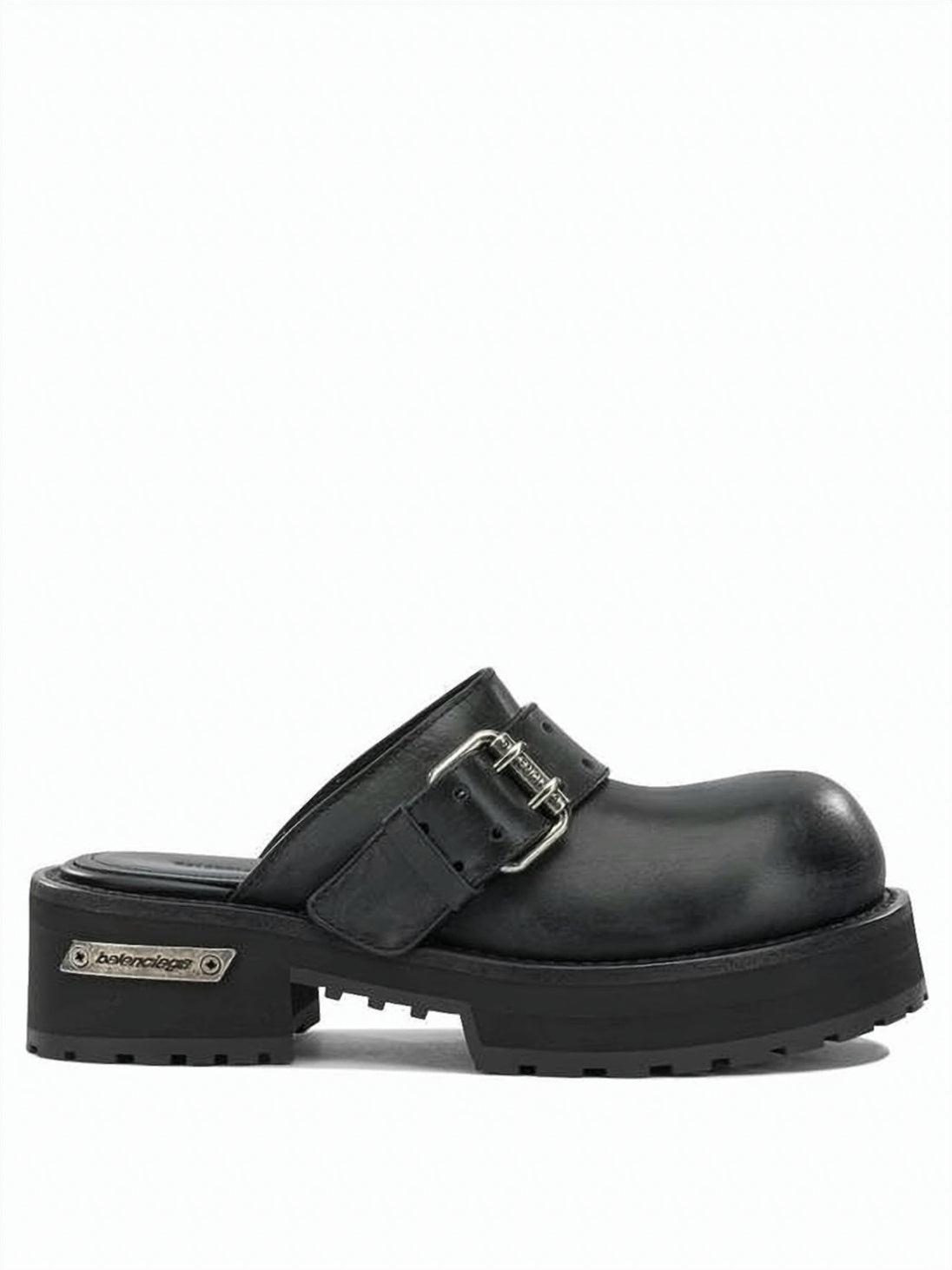 Black Chunky Sole Buckle Leather Mules