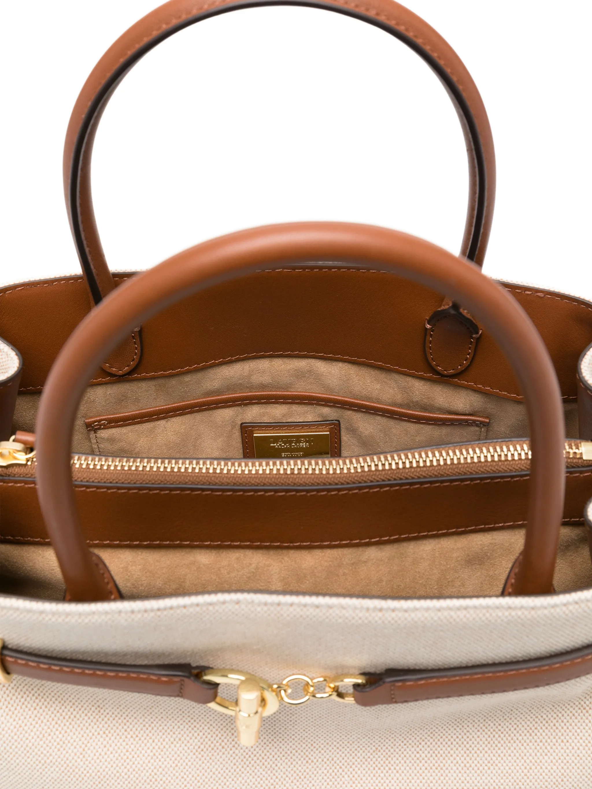 Structured Beige Canvas Handbag with Brown Leather Accents