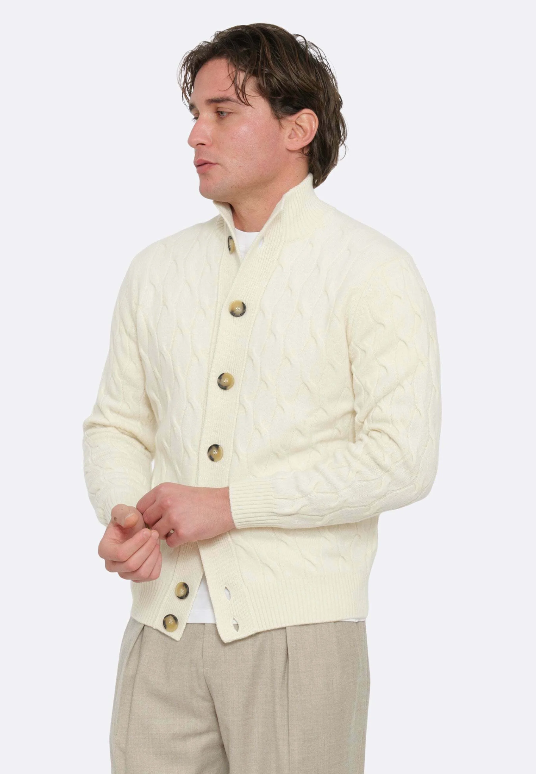 Textured Cable Knit Cardigan With High Collar