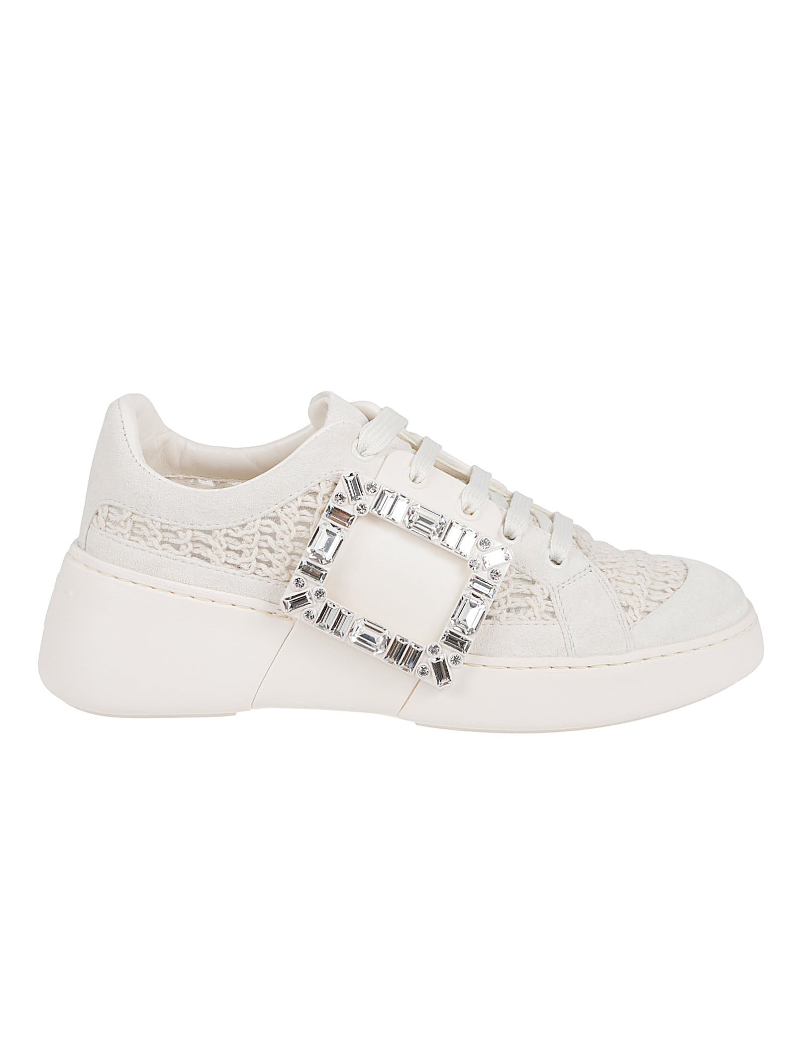 Textured Knit and Leather Sneakers with Crystal-Embellished Buckle