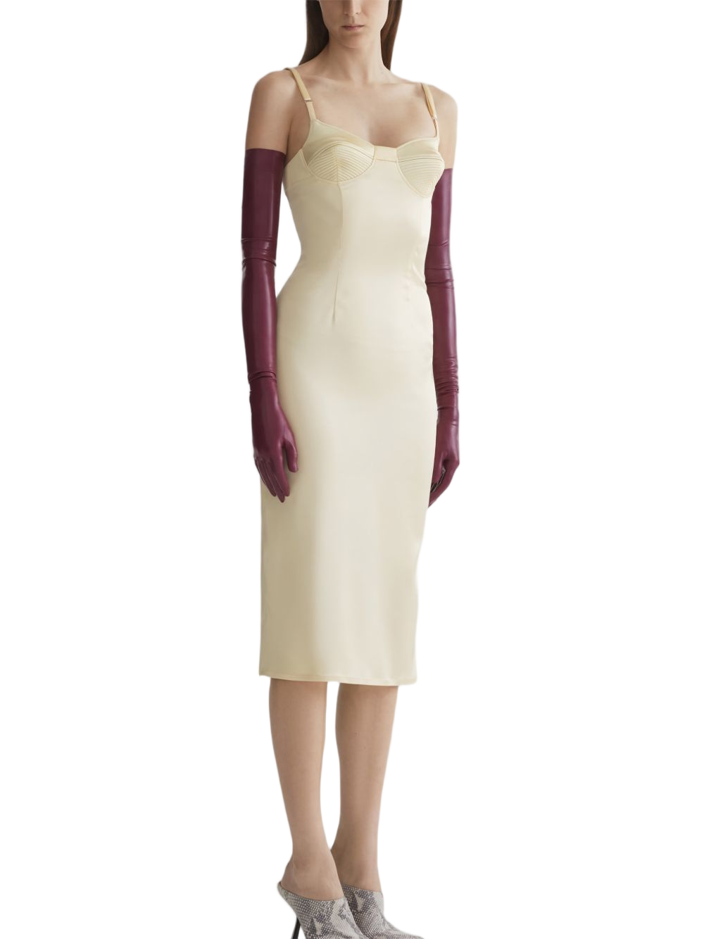 Knee-Length Dress with Light Yellow Ribbed Bodice