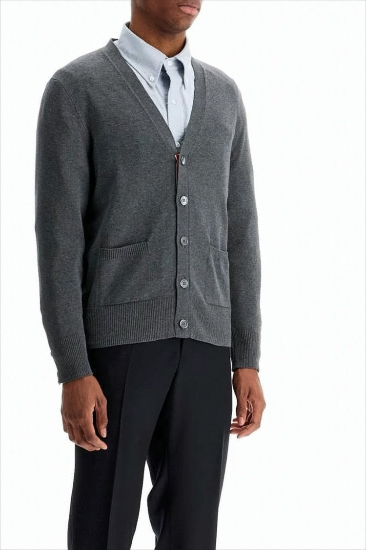 V-Neck Cotton Cardigan with Ribbed Cuffs and Subtle Stripes