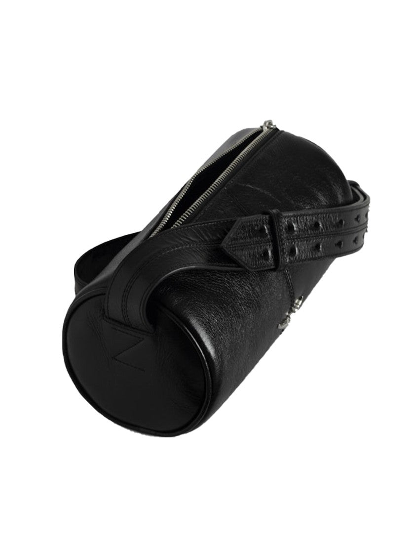 Textured Black Leather Cylindrical Shoulder Bag