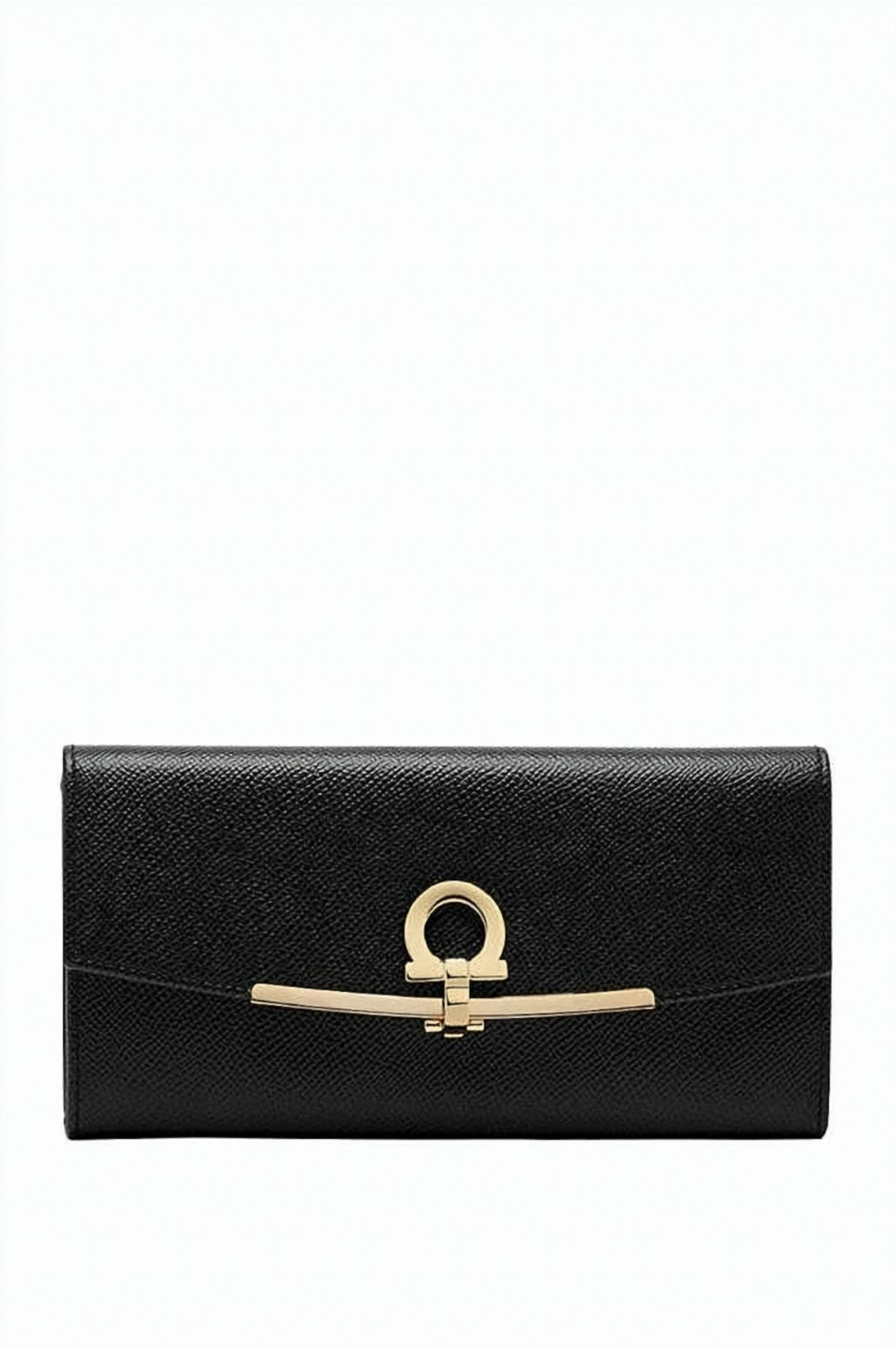 Rectangular Textured Leather Long Wallet With Gold-Tone Bar