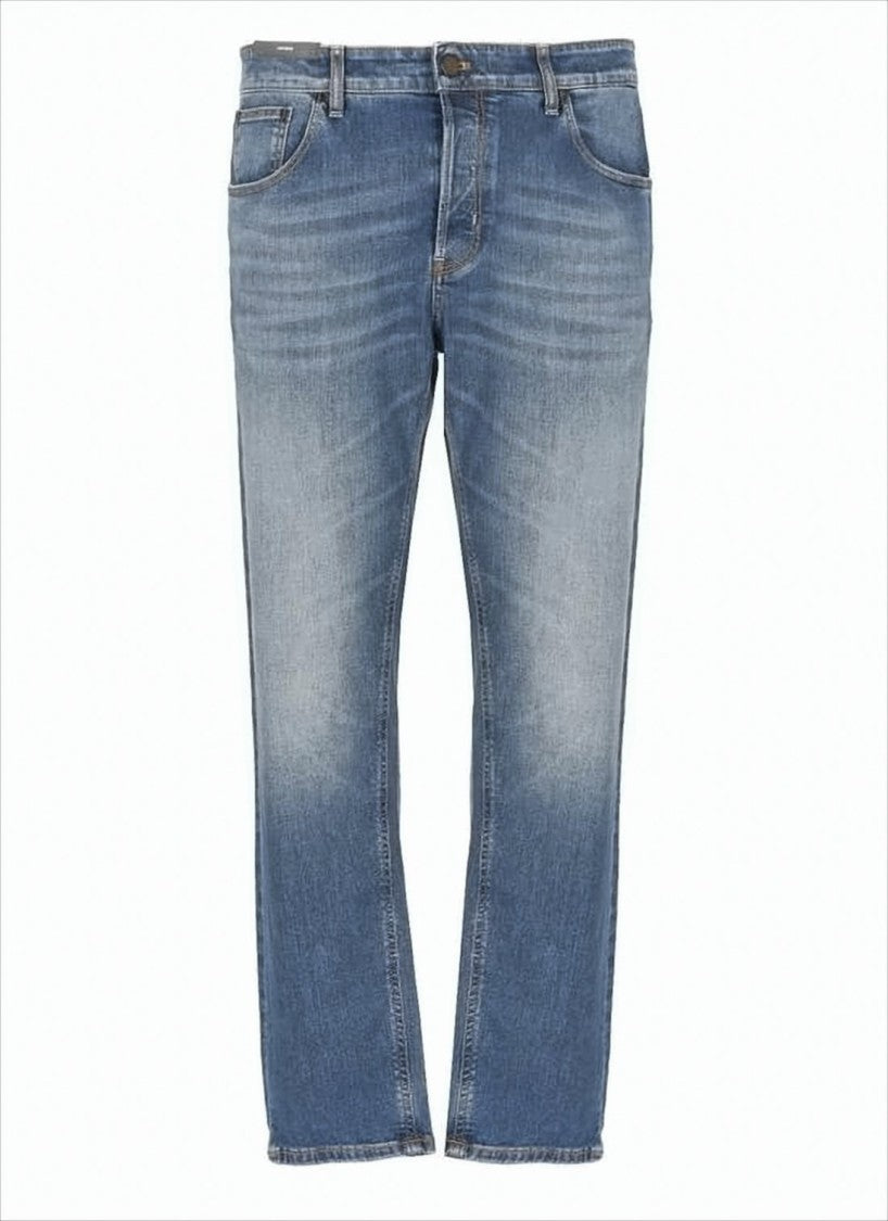 Medium Blue Wash Denim Pants With Classic Five-Pocket Styling