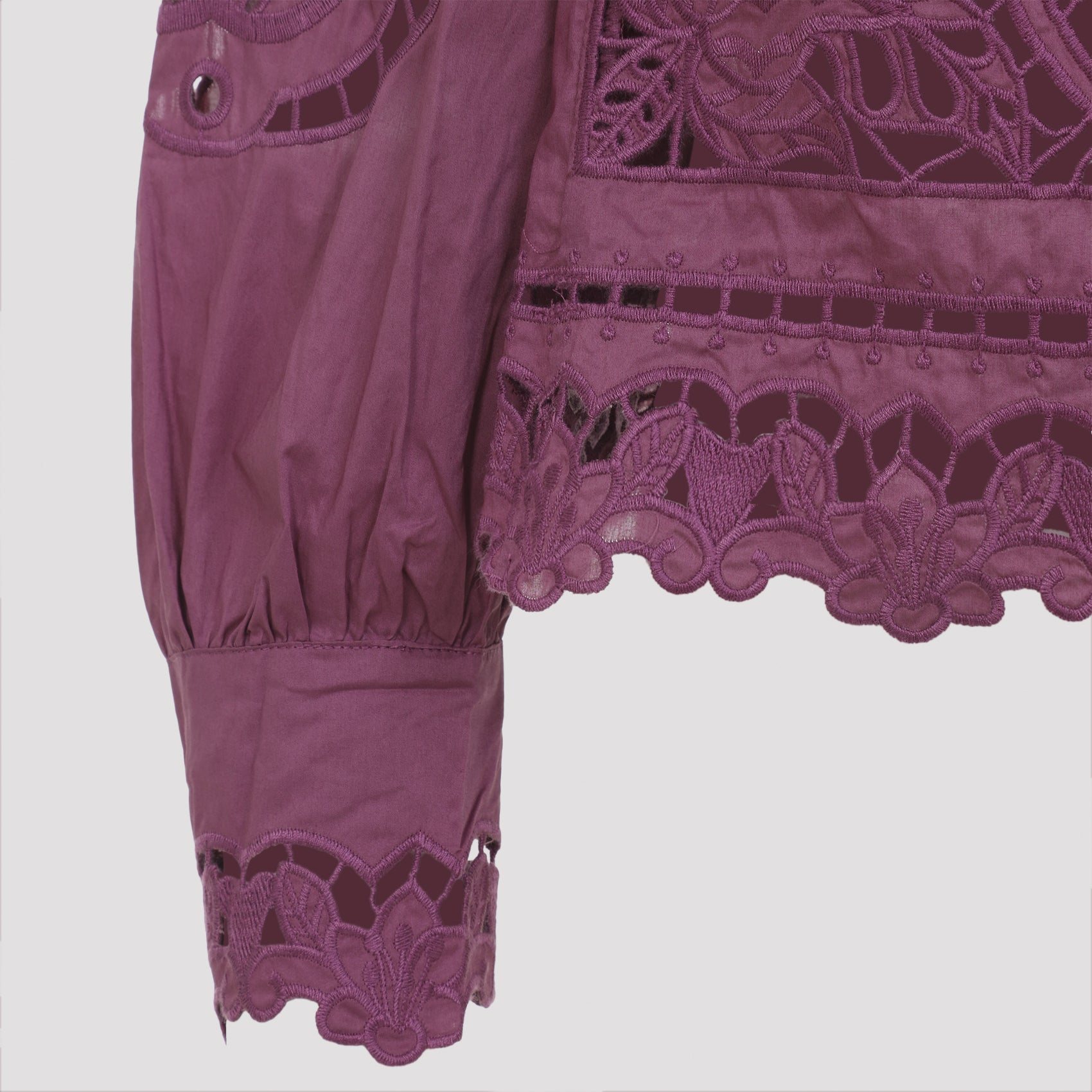 Lace-Embellished Purple Cotton Long-Sleeved Top