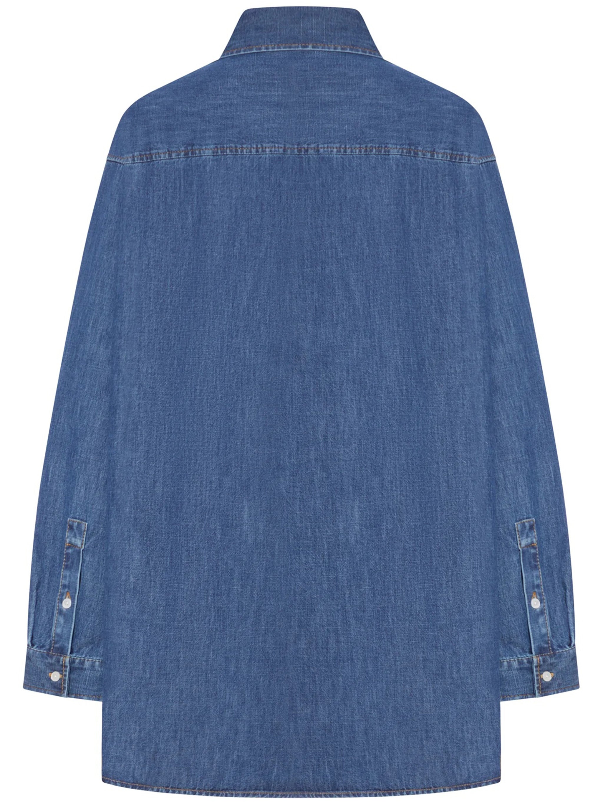 Blue Pointed Collar V-Detail Denim Shirt