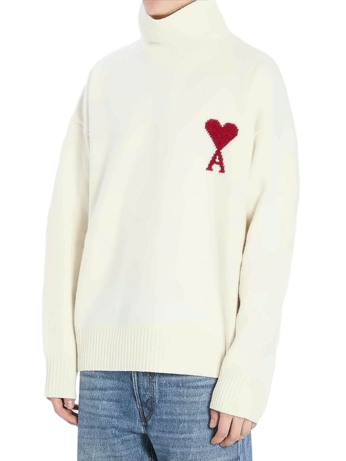White Wool Turtleneck Sweater with Heart Emblem