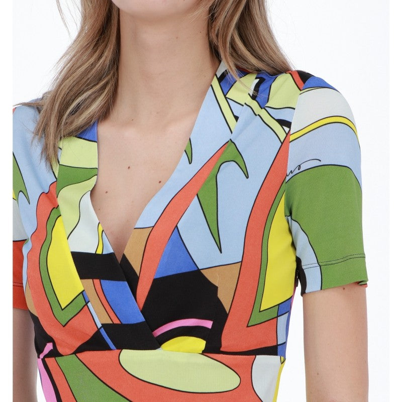 Multicolor Geometric Print Short V -Neck Dress