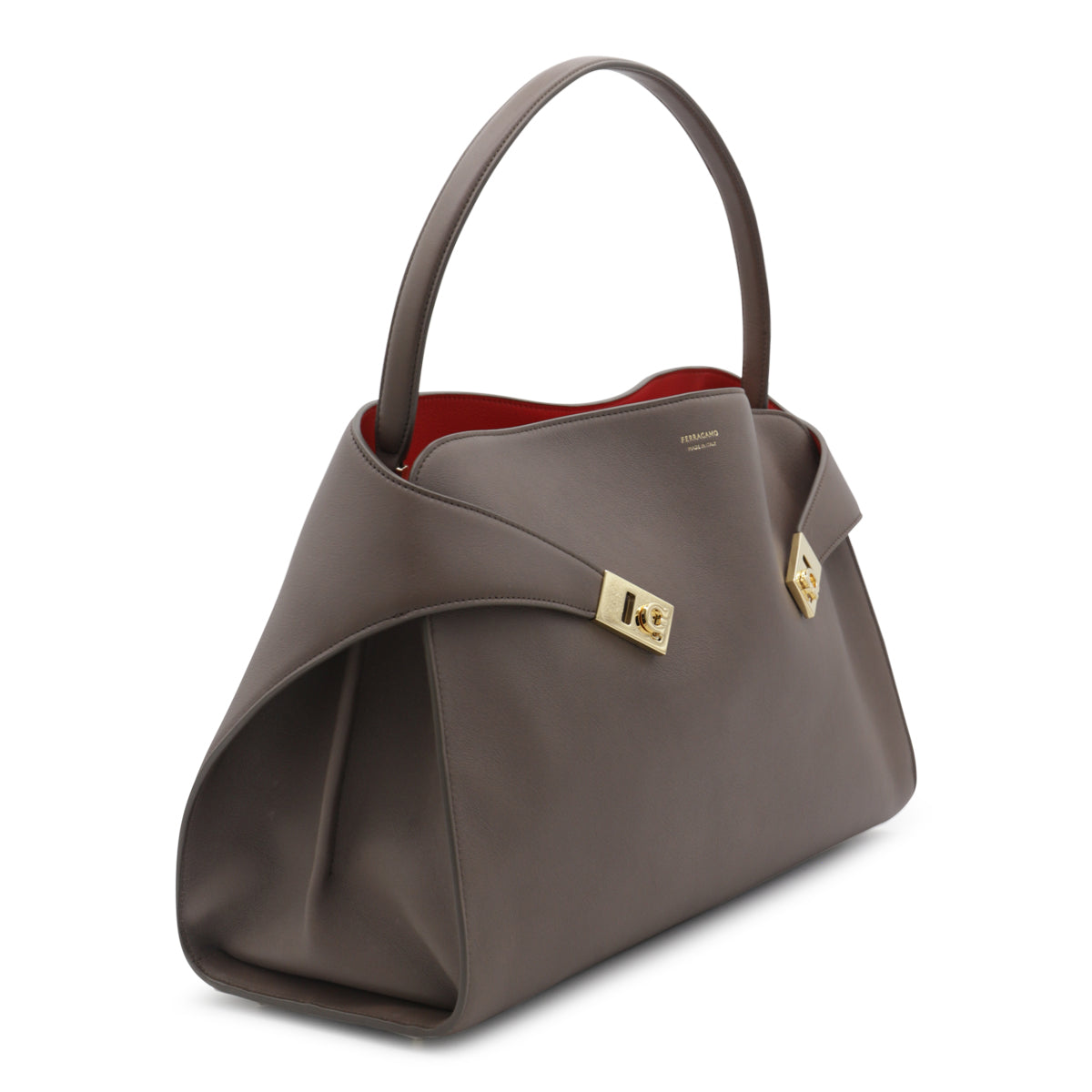 Brown Calf Leather Hug M Top Handle Bag With Gold Accents