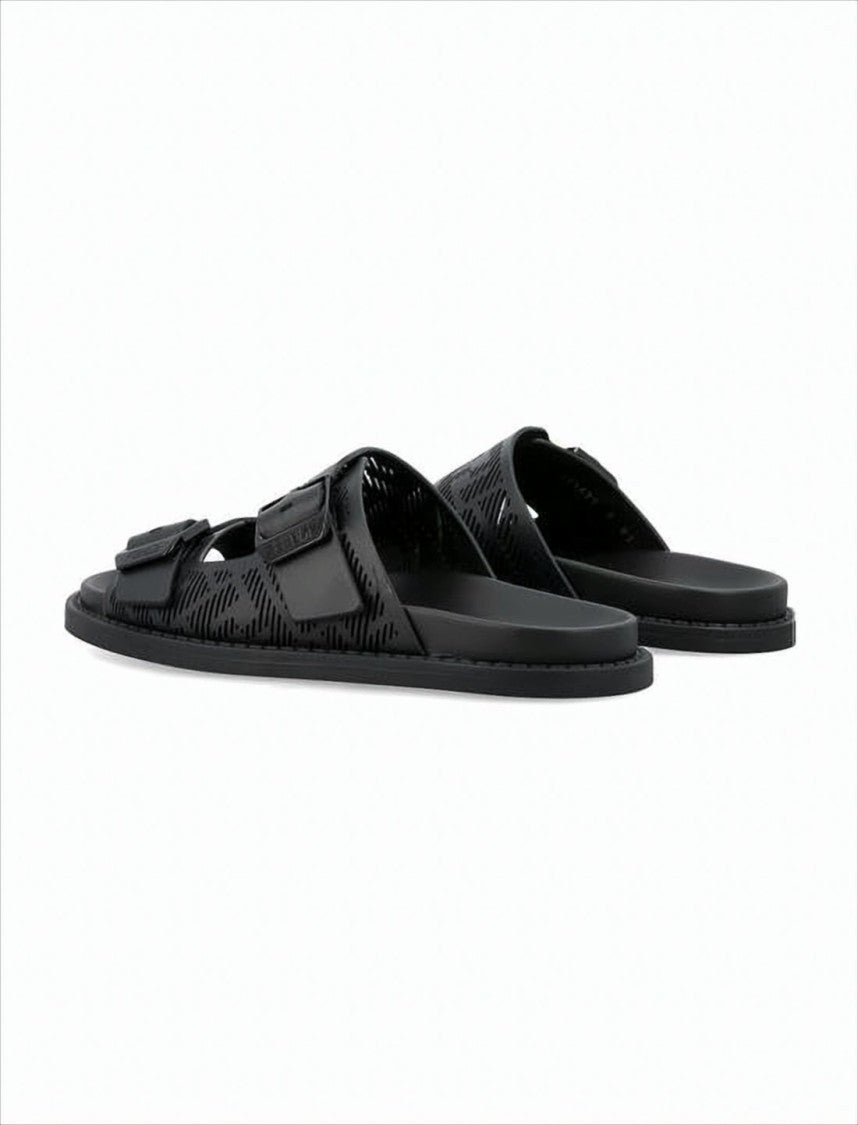 Perforated Black Leather Slide Sandals with Adjustable Straps