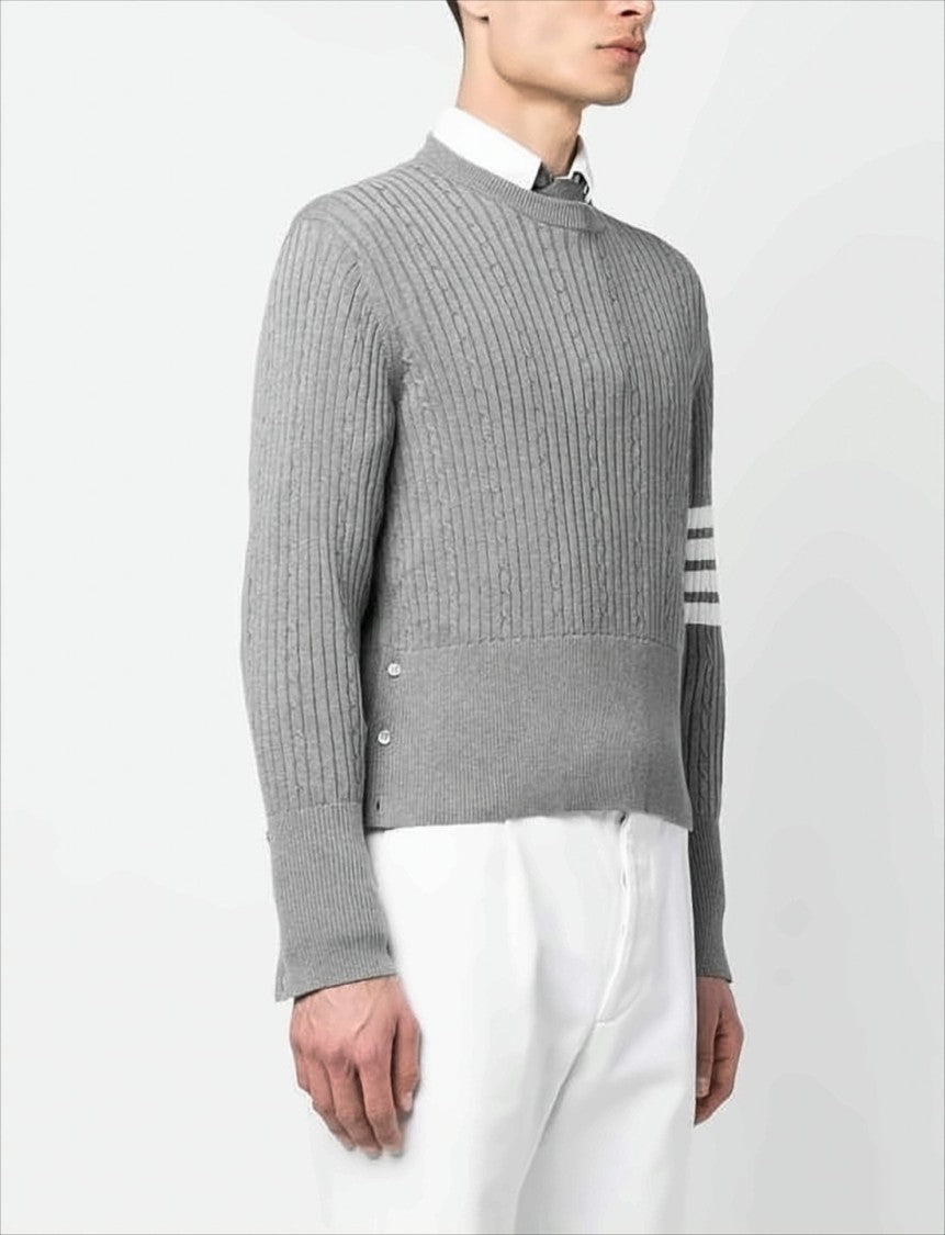 Ribbed Knit Grey Sweater with Distinctive Buttoned Cuffs