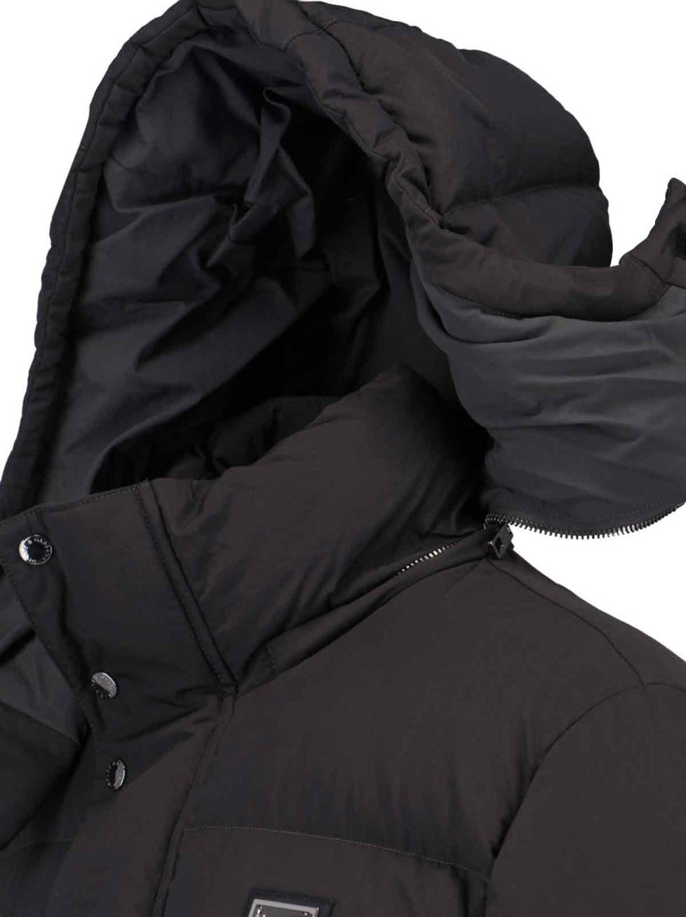 Quilted Black Puffer Jacket With High Collar And Adjustable Hood