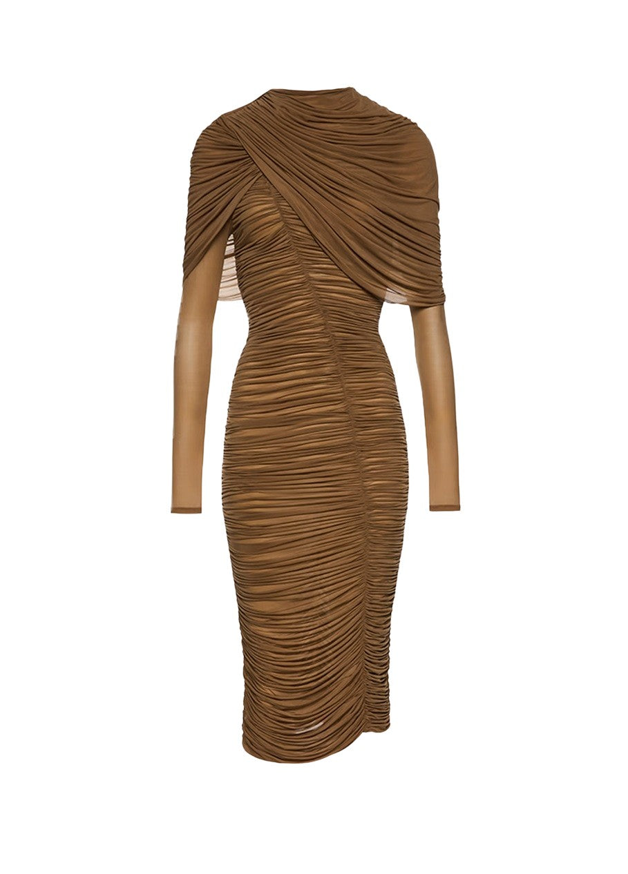 Sheer Cupro Midi Dress with Dramatic Cape Overlay