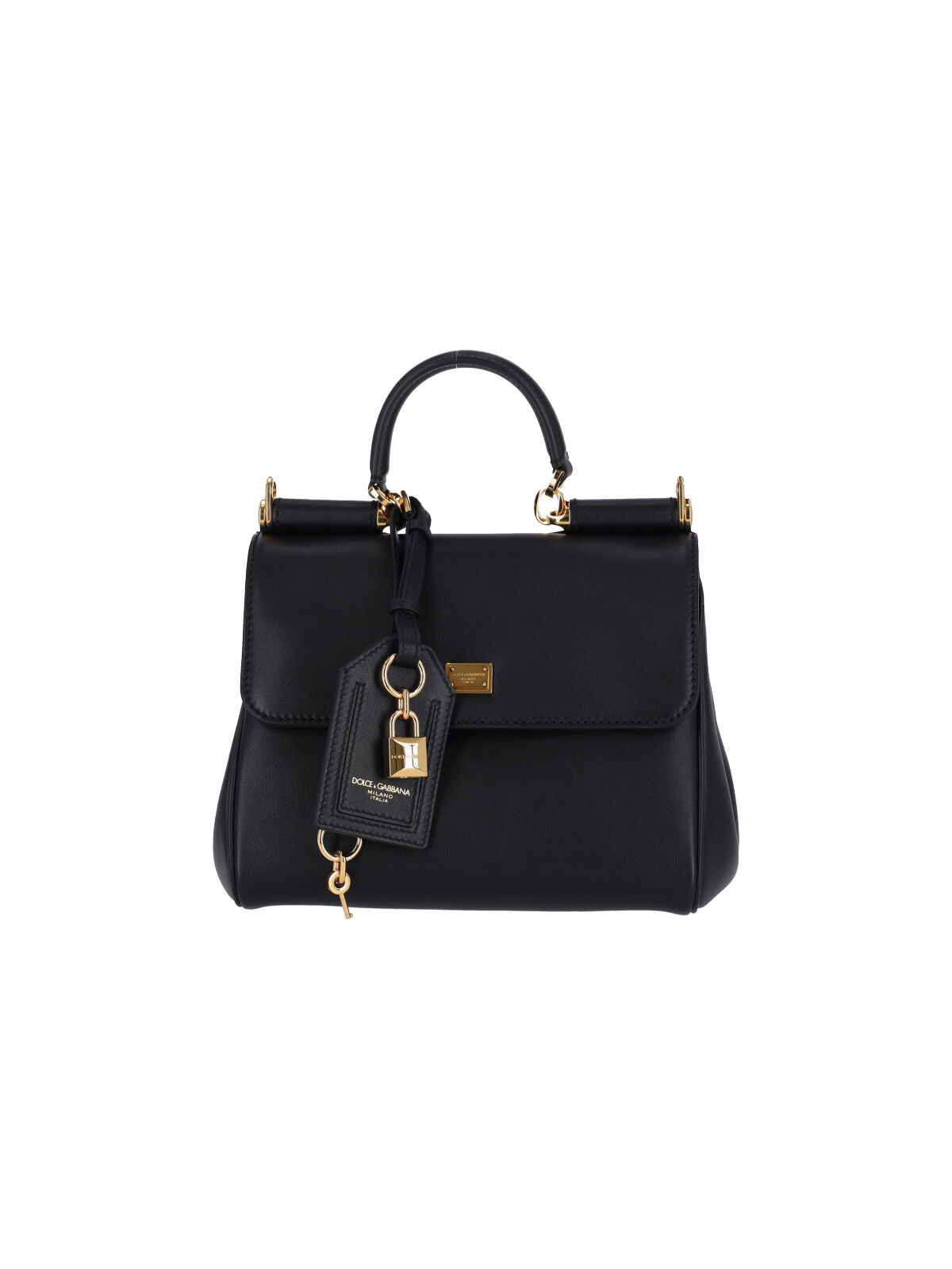 Structured Handbag with Gold-Tone Lock Charm and Adjustable Strap
