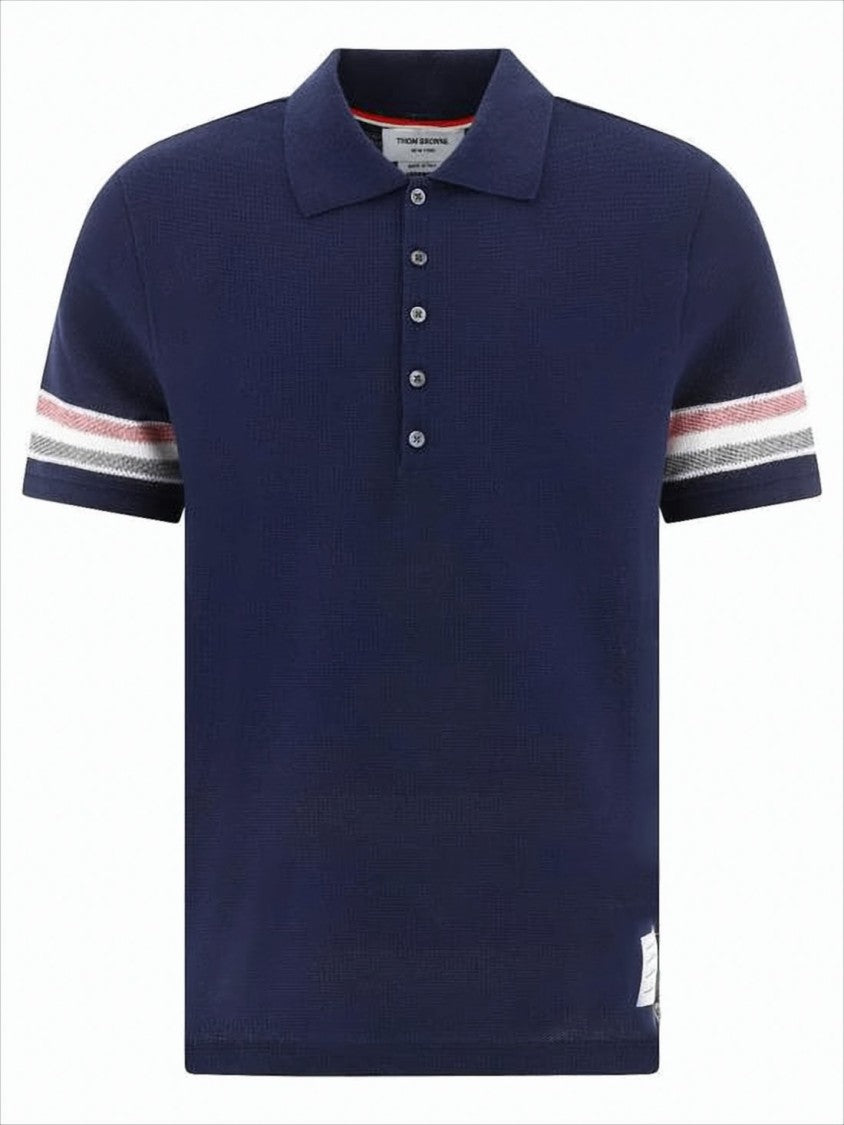 Textured Blue Knit Polo Shirt With Contrast Stripes