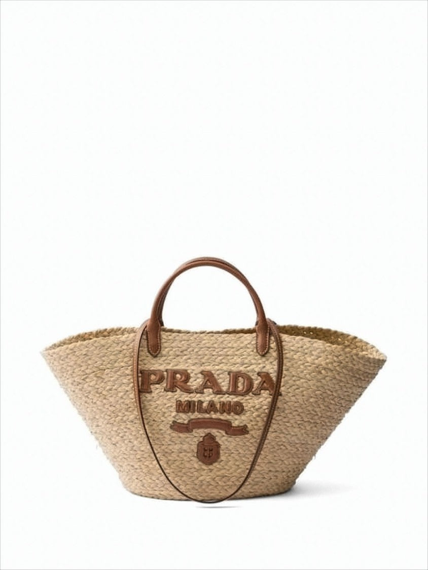 Trapezoidal Raffia Shoulder Bag With Embossed Logo Detail