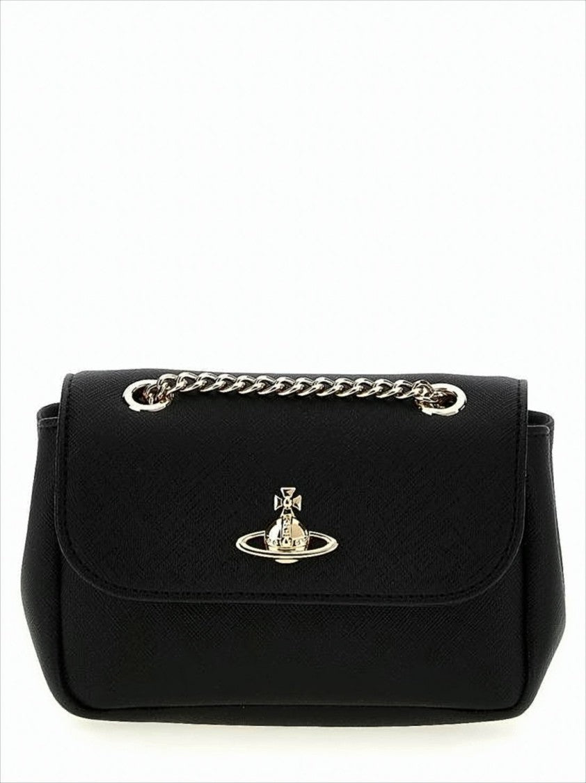 Structured Black Crossbody Bag with Metallic Orb Emblem