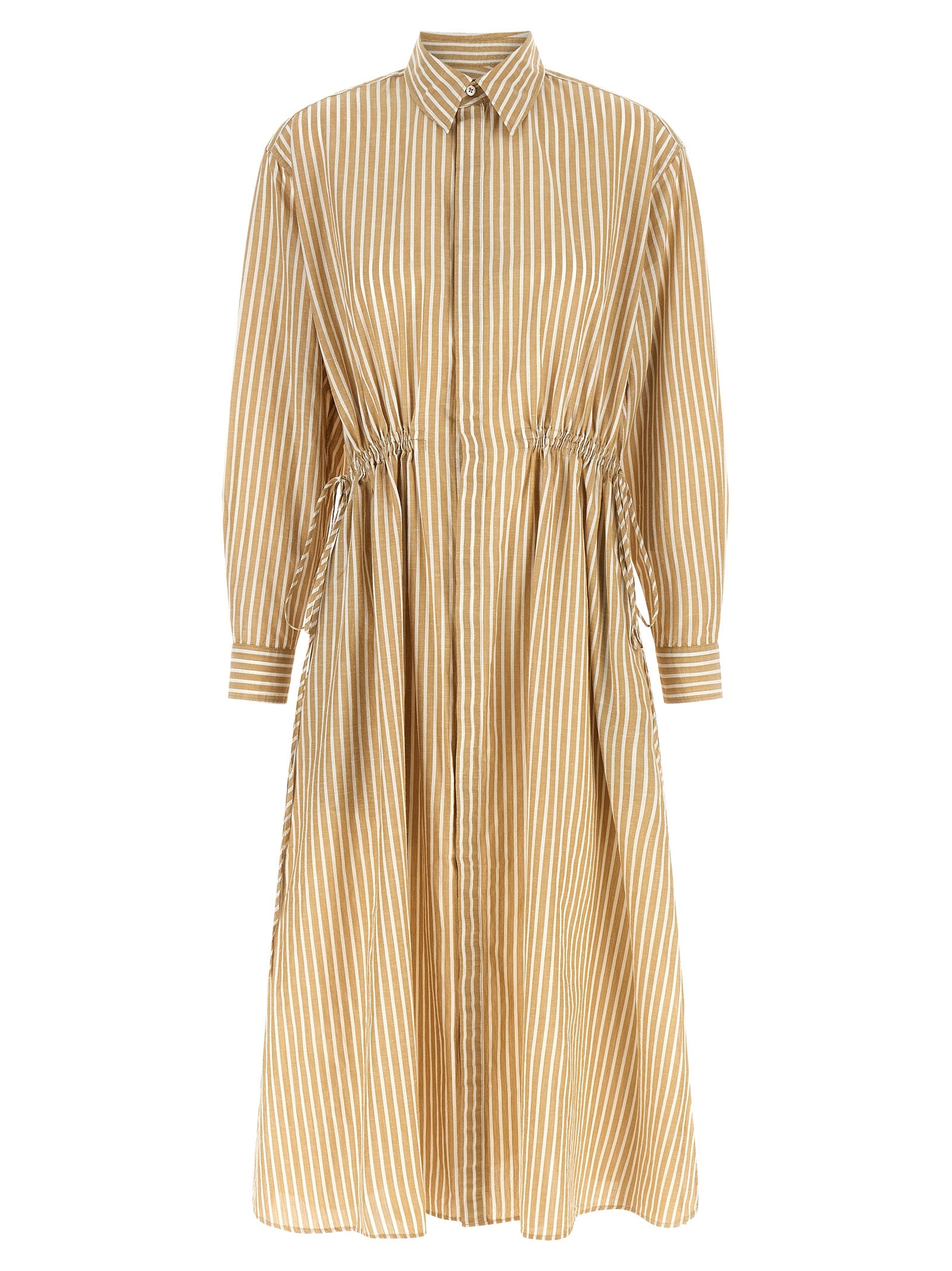 Trapeze Midi Chemisier Dress in Striped Cotton-Linen Blend