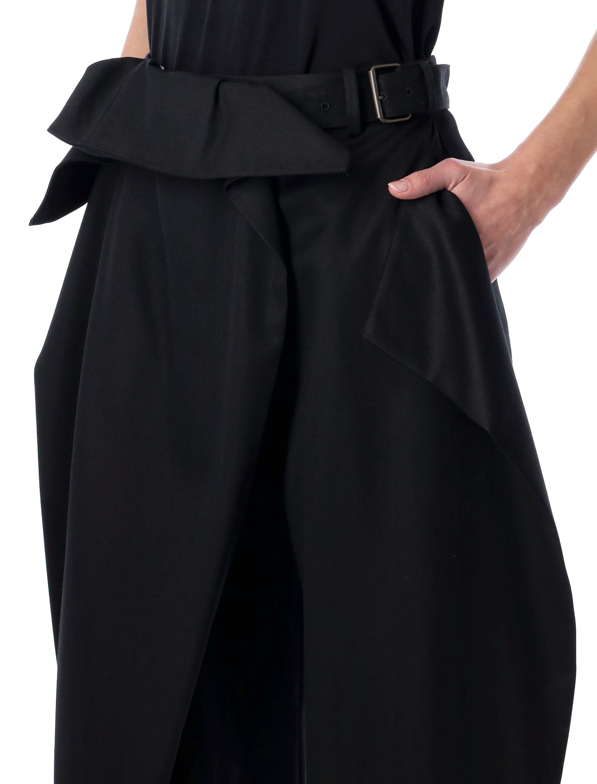 Folded Waist Black Trousers with Antique Brass Buckle