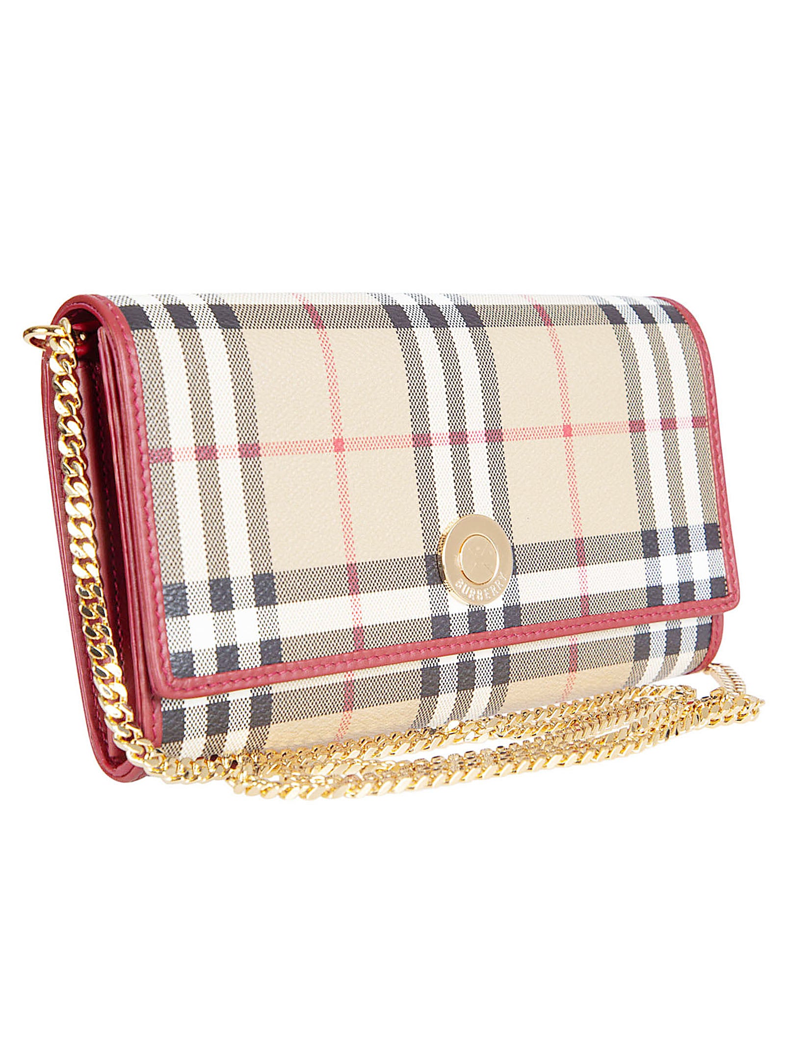 Checkered Wallet with Gold Emblem and Chain Strap