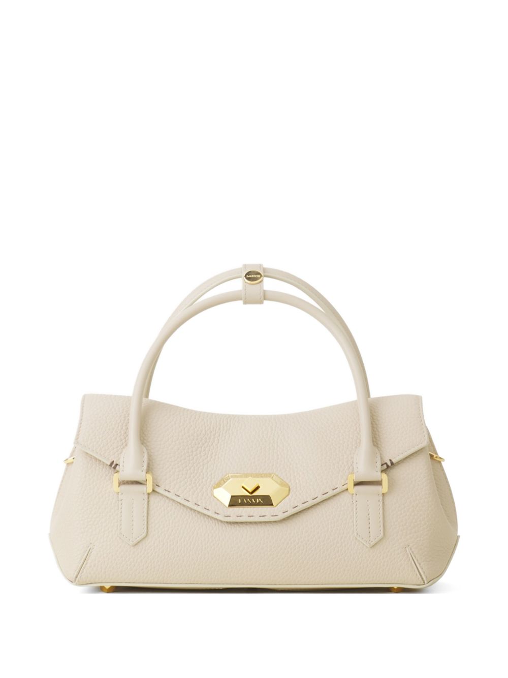 Beige Topstitched Geometric Clasp Top Bag