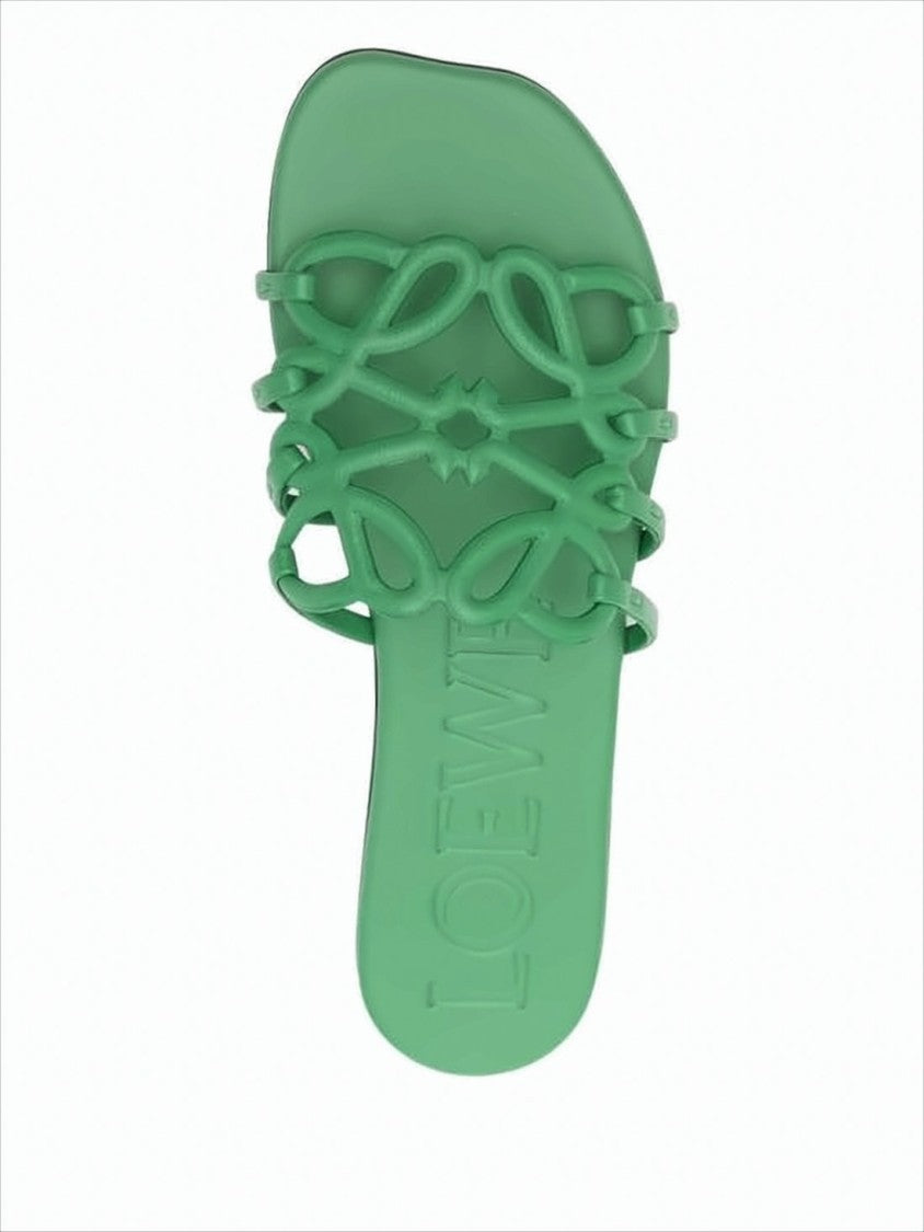 Intricate Loop Strap Green Calf Leather Slide Sandals
