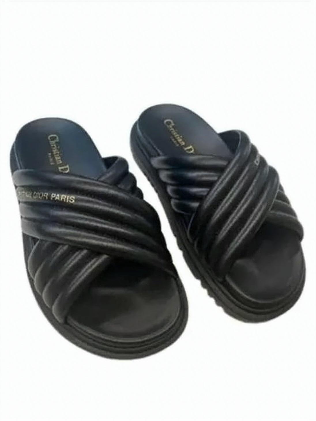 Padded Crisscross Slip-On Mules with Gold Lettering