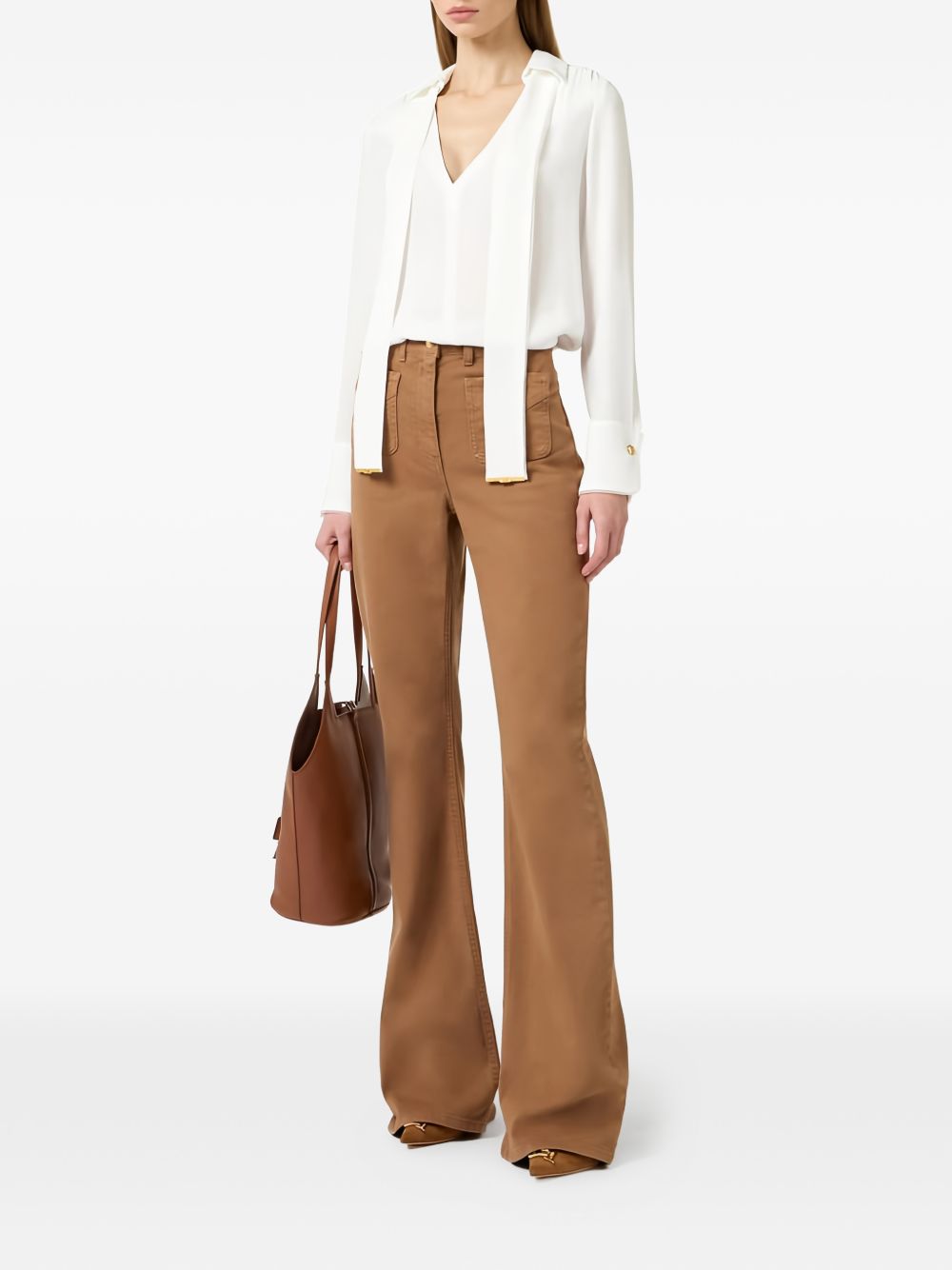White V-Neck Blouse with Scarf Ties