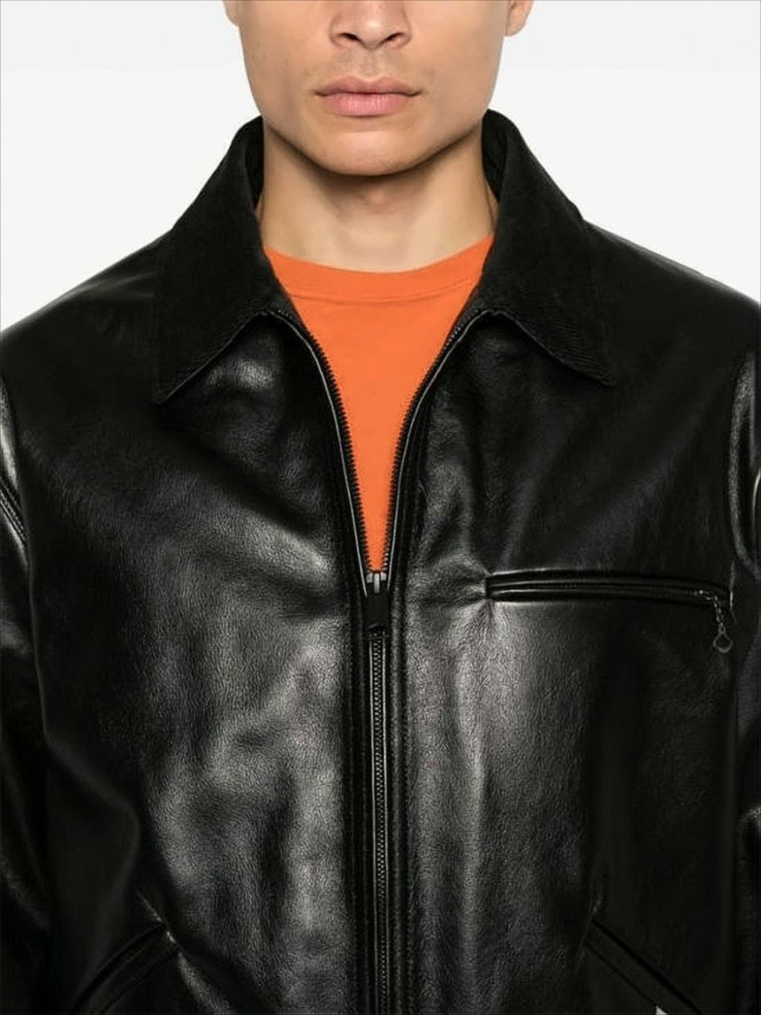 Structured Black Leather Jacket With Zippered Pockets