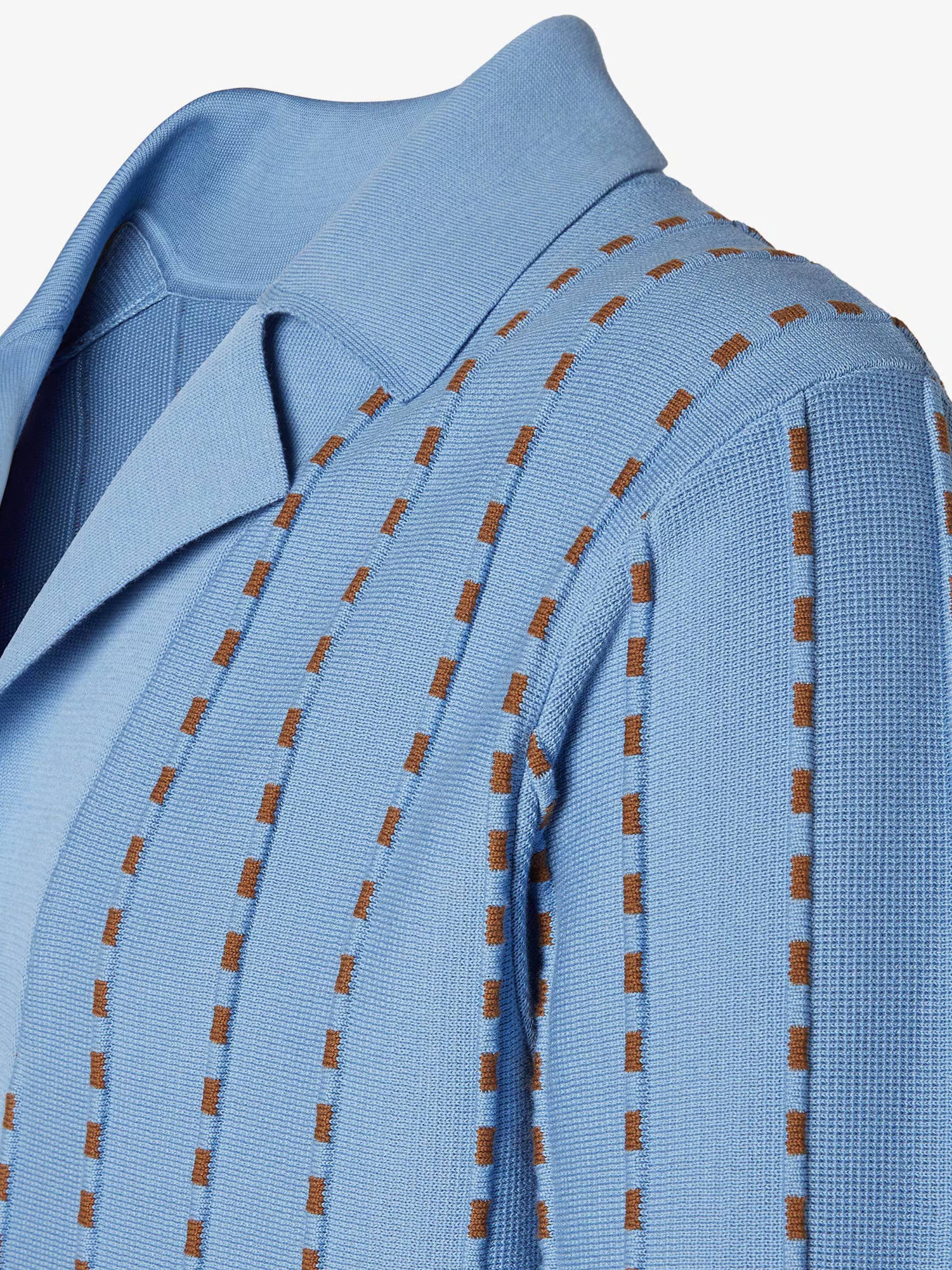 Light Blue Knit Polo Sweater with Vertical Stripes