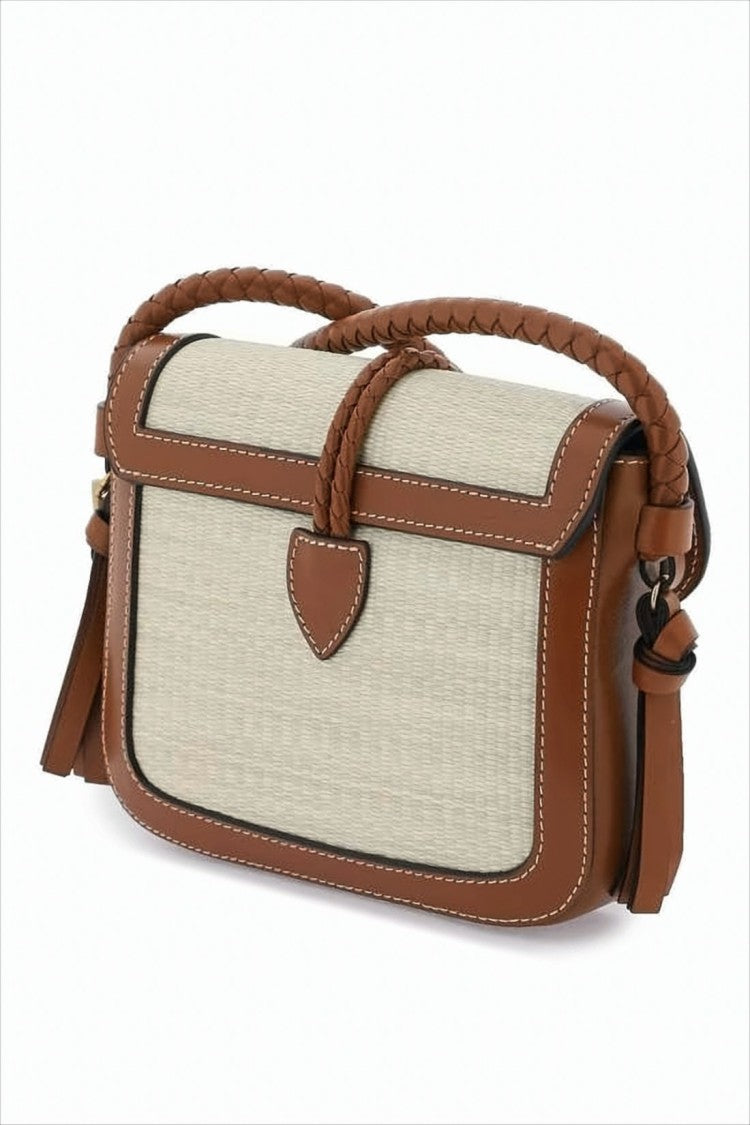 Woven Beige Fabric and Leather Crossbody Bag