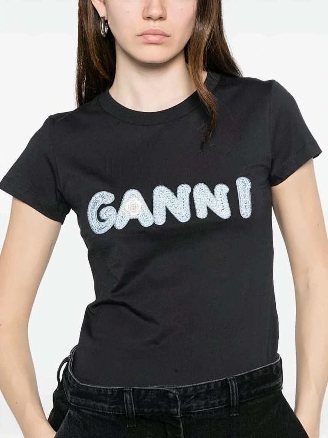 Fitted Black T-Shirt with Textured Logo Design